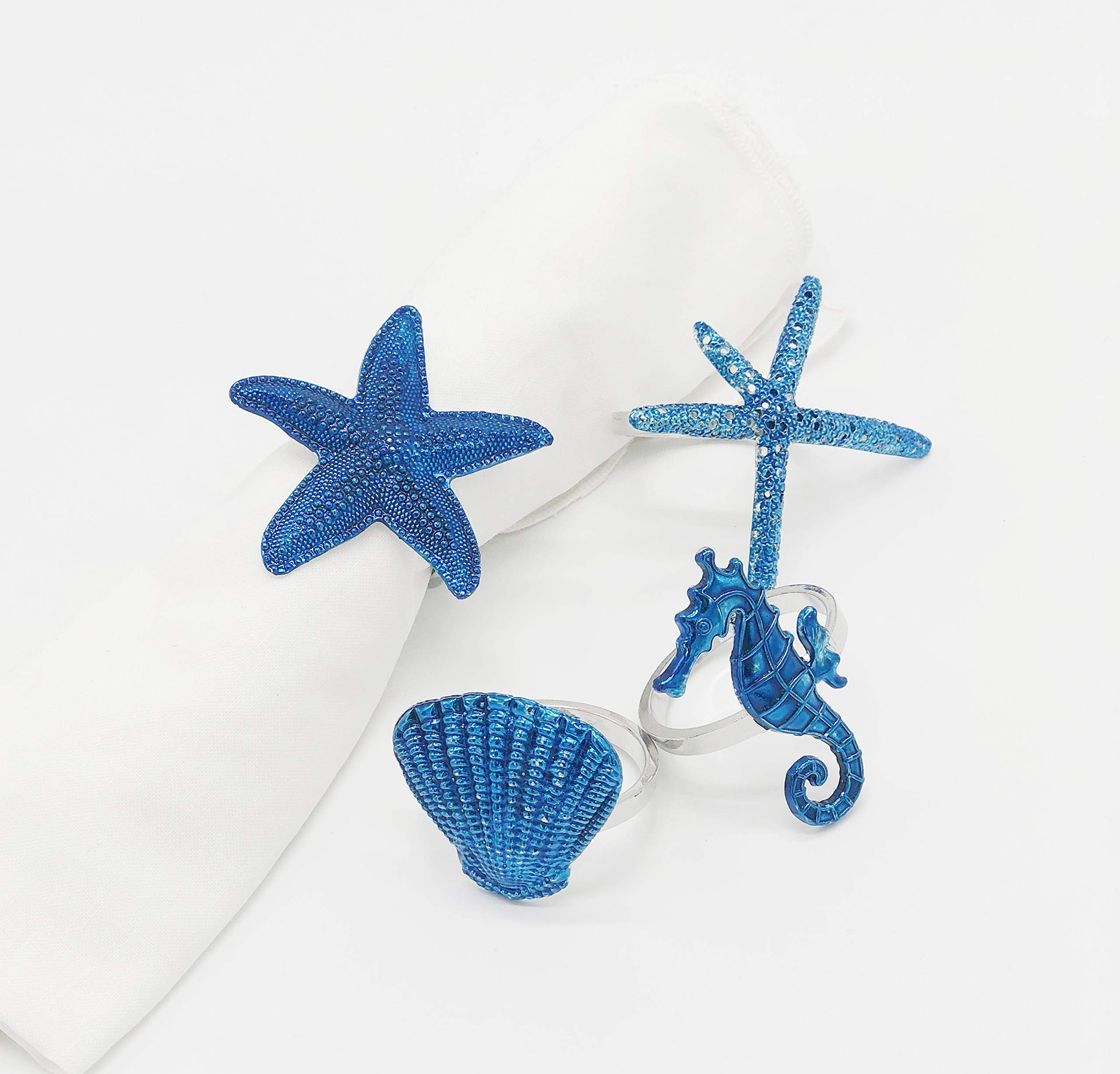 Fennco Styles Coastal Sea Creatures Metal Napkin Rings, Set Of 4 - Blue Nautical Napkin Holders For Home D  Cor, Dining Table, B