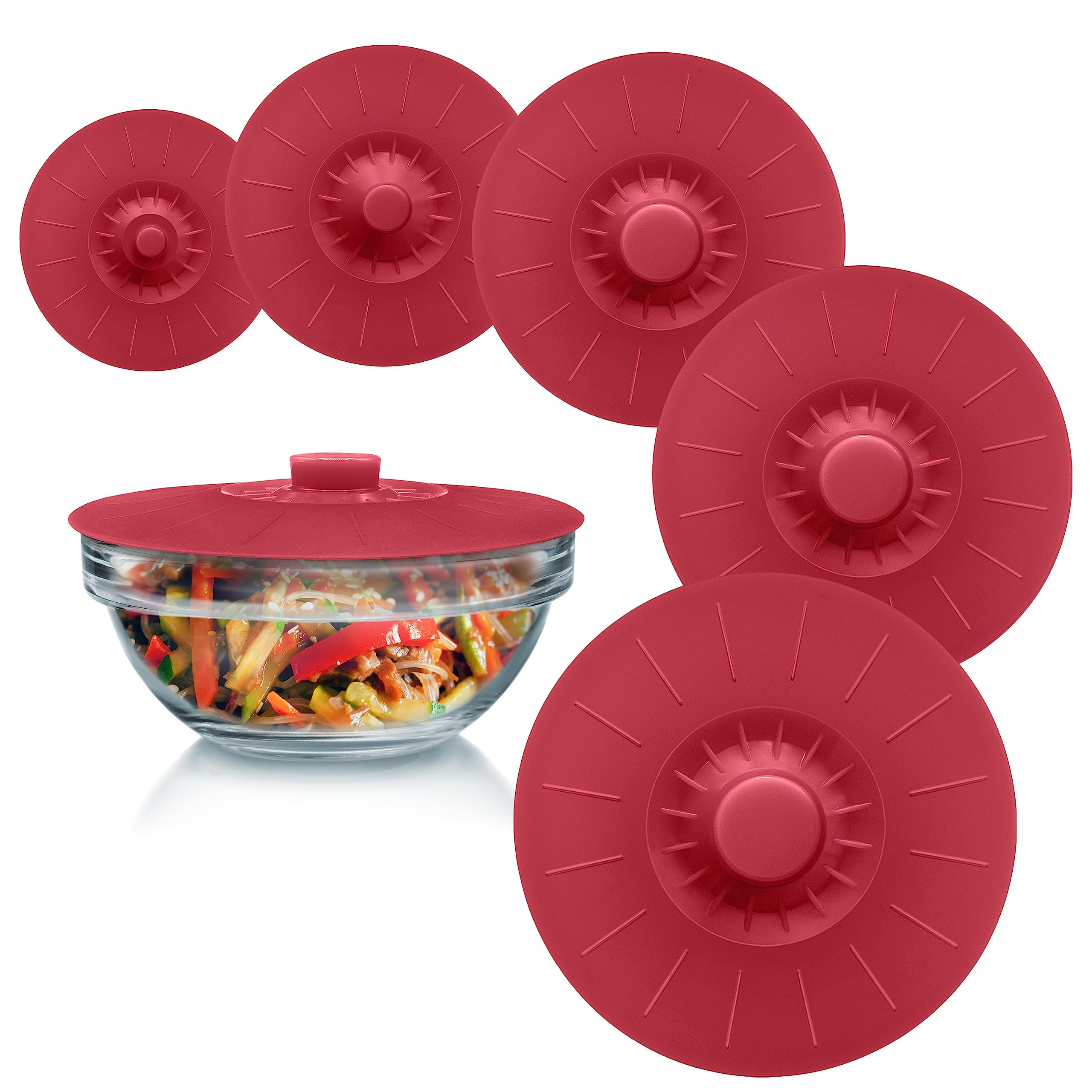 Silicone Bowl Lids Red, Set Of 5 Reusable Suction Seal Covers For Bowls, Pots, Cups. Food Safe Natural Grip, Interlocking Handle