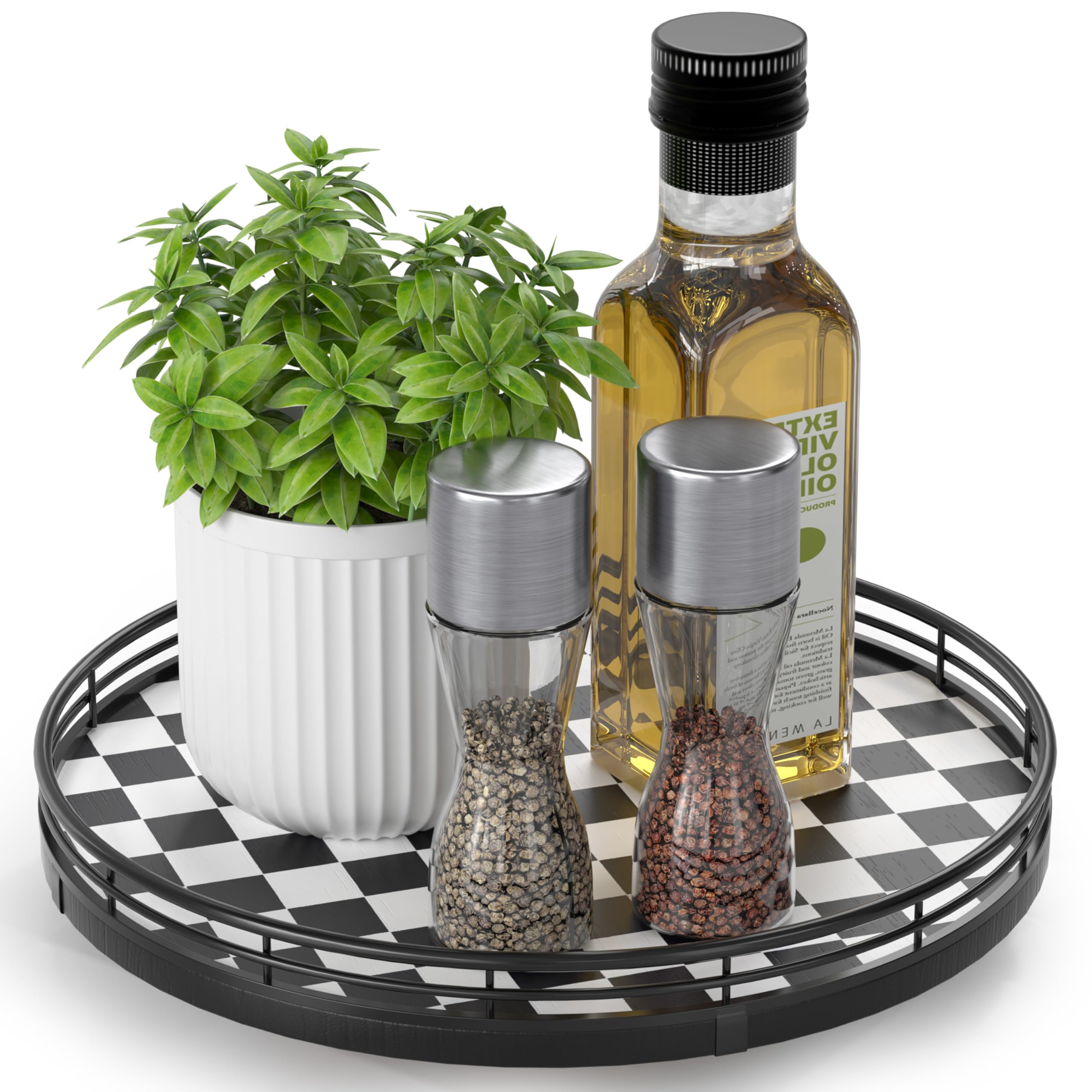 Black and White Kitchen Lazy Susan Turntable - Checkered Round Decorative Tray, 10    Table Top Oak Wood Lazy Susan for Cookies,
