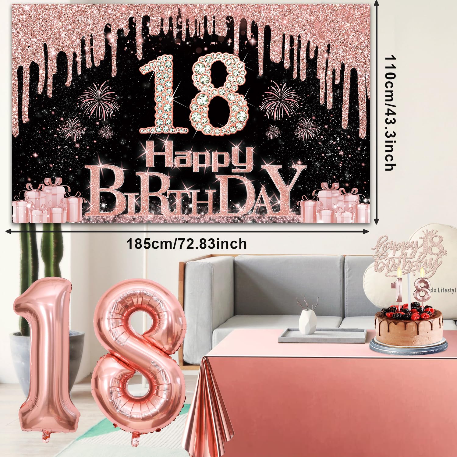 18Th Birthday Decorations For Girls With Banner, Rose Gold Tablecloth, Number Balloons, 18Th Birthday Sash And Tiara, Cake Toppe
