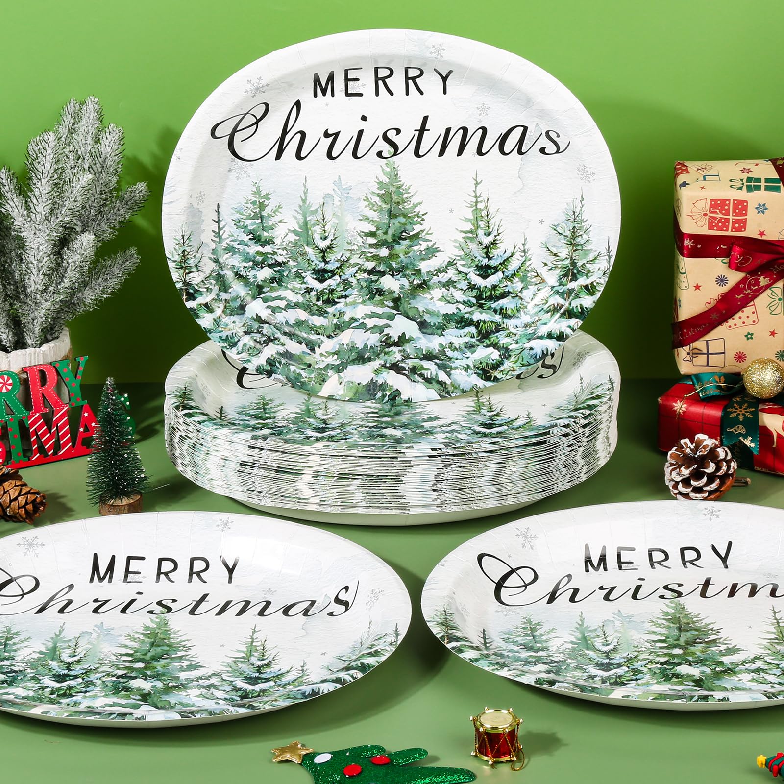 Purhapfre 50Pcs Christmas Paper Plates Christmas Green Tree Oval Plates Heavy Duty Holiday Large Disposable Oval Party Plates Xm