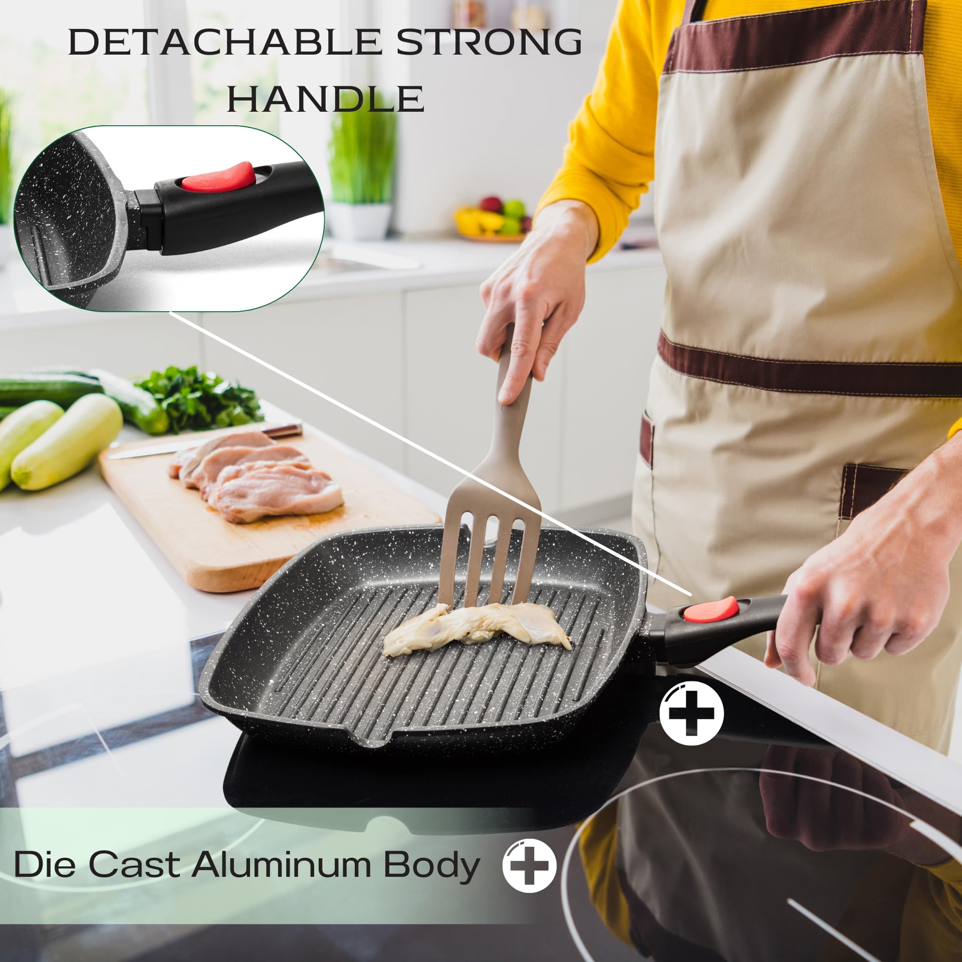 Moss & Stone Square Grill Pan For Indoor Cooking, Die Casting Aluminum Grill Pan, Removable Handle Nonstick Stove Top Grill Pan