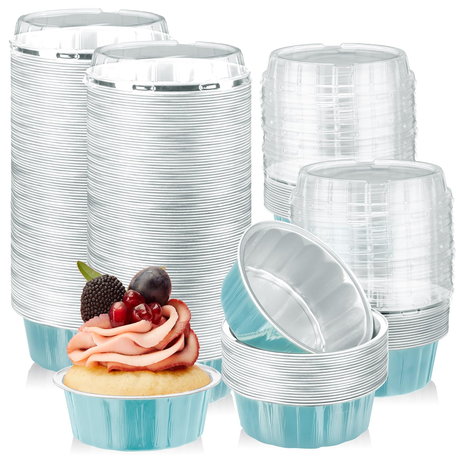 Tessco for you 100 Pcs Disposable Ramekins with Lids 8 oz Creme Brulee Ramekin Aluminum Foil Cup Cupcake Liner Baking Valentines