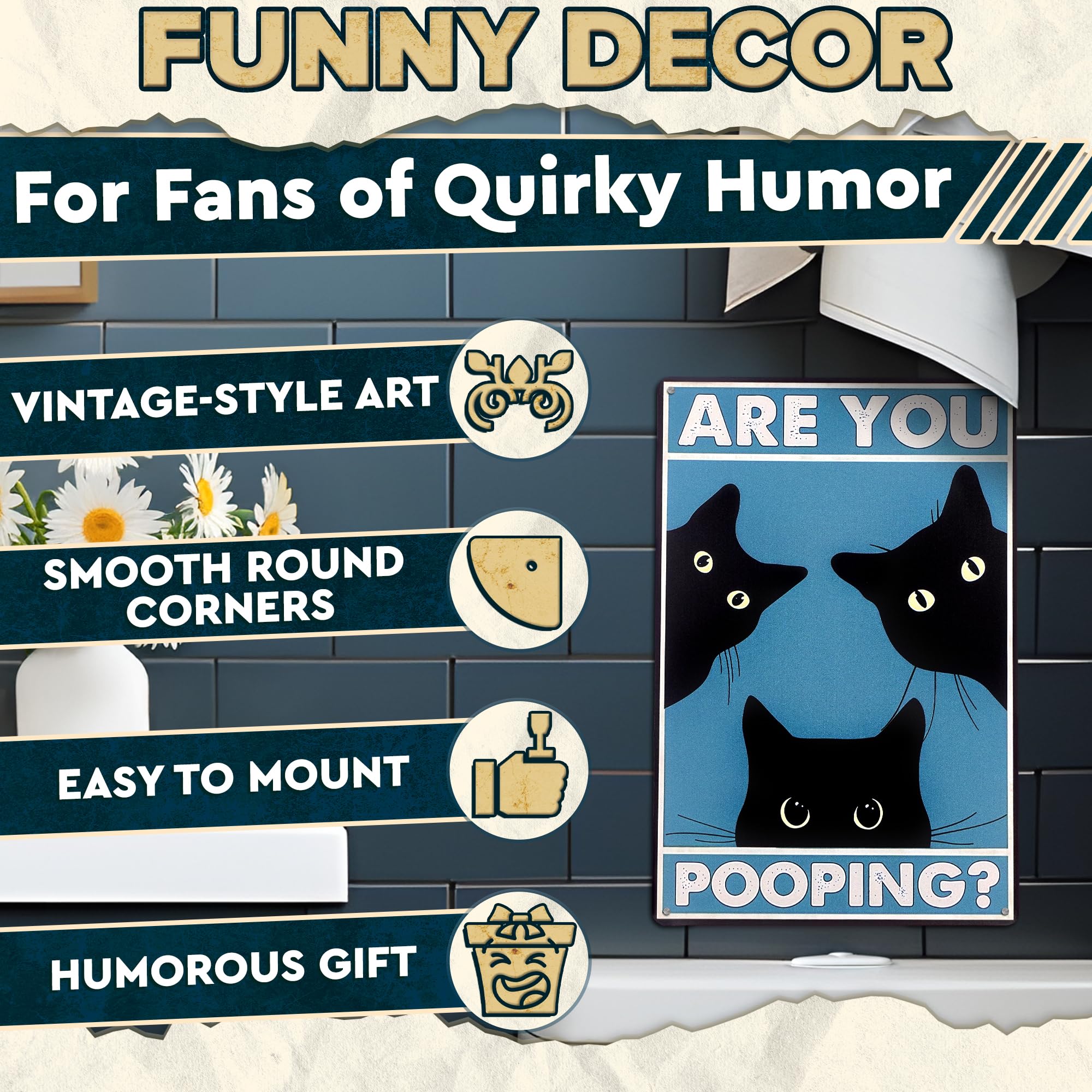 Are You Pooping Sign - Funny Cat Bathroom Sign with Anti-Rust Coating 12 x 8 Inch - Black Cat Decor for Home, Metal Wall Plaque