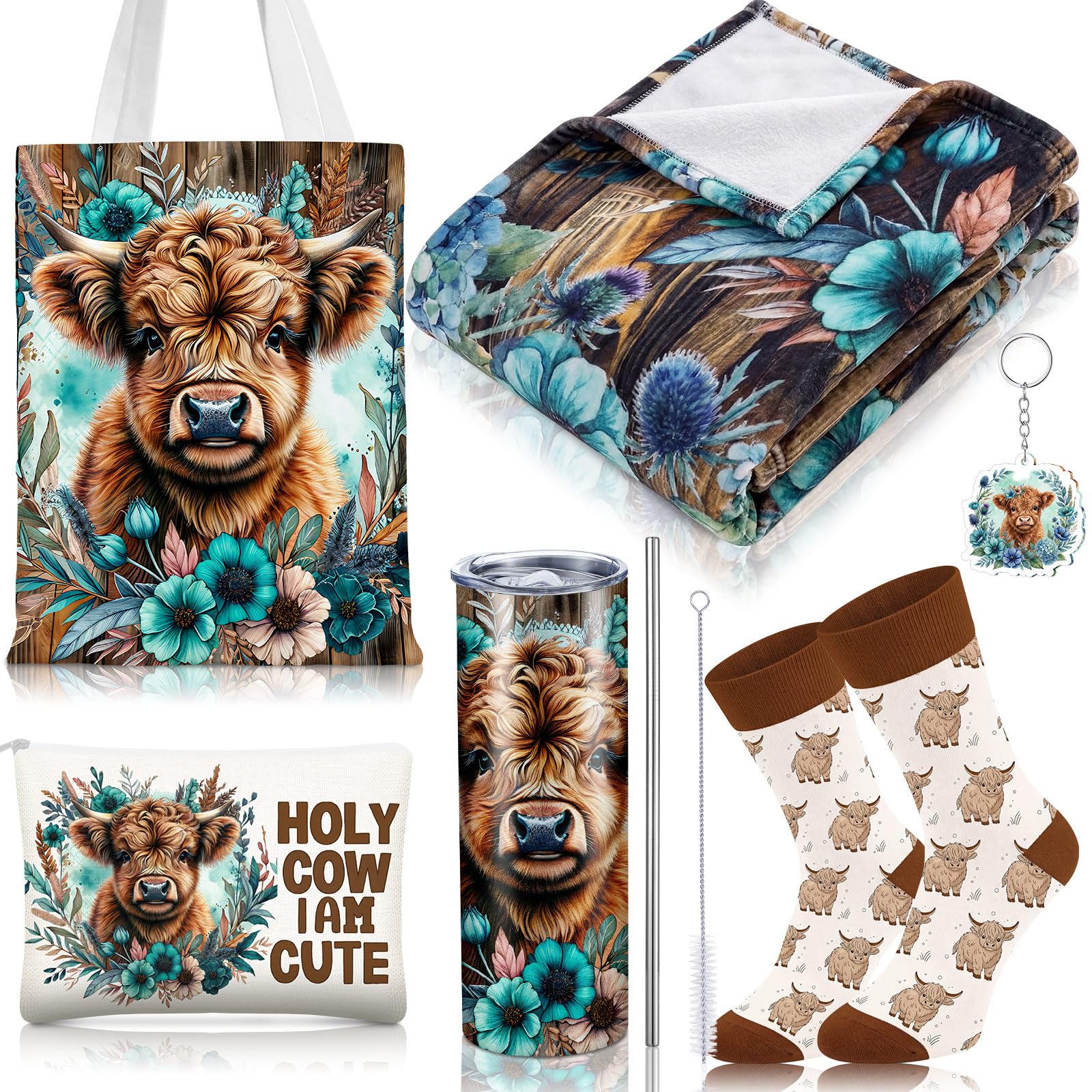 Tiangrid 6 Pcs Highland Cow Gifts for Women Include 20 oz Stainless Steel Tumbler with Lid and Straw Cosmetic Bag Throw Blanket 
