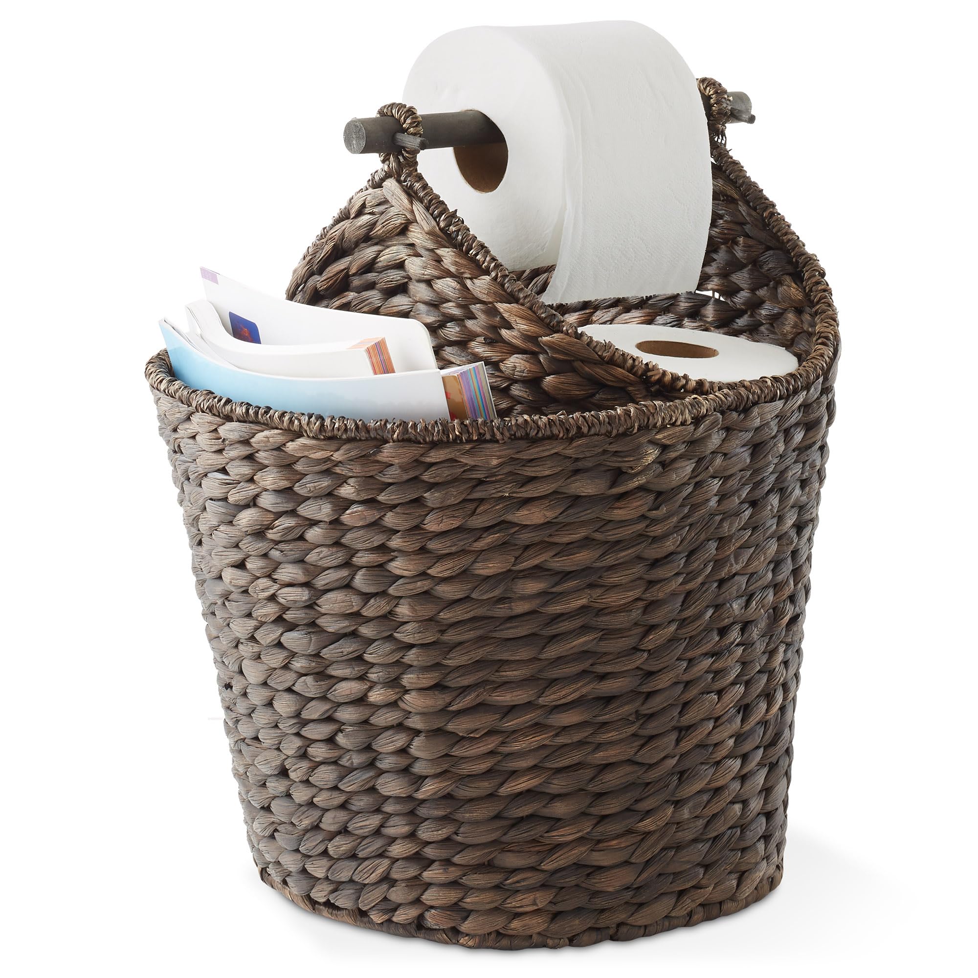 Casafield Toilet Paper Roll Storage Basket with Magazine Holder, Espresso - Woven Water Hyacinth Wicker Bathroom Bin for Bath Ti