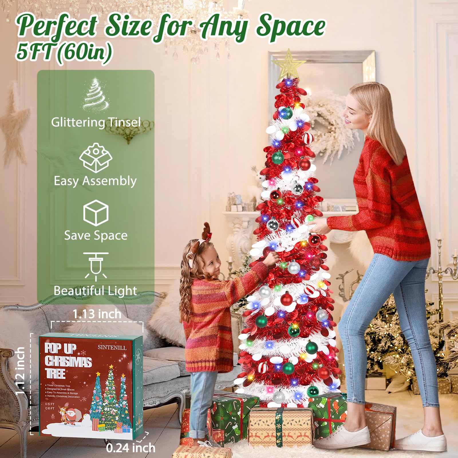 SINTENILL 5 FT Pop Up Christmas Tree with Timer Lights and Decorations, Red White Artificial Tinsel Christmas Tree with 24 Ball
