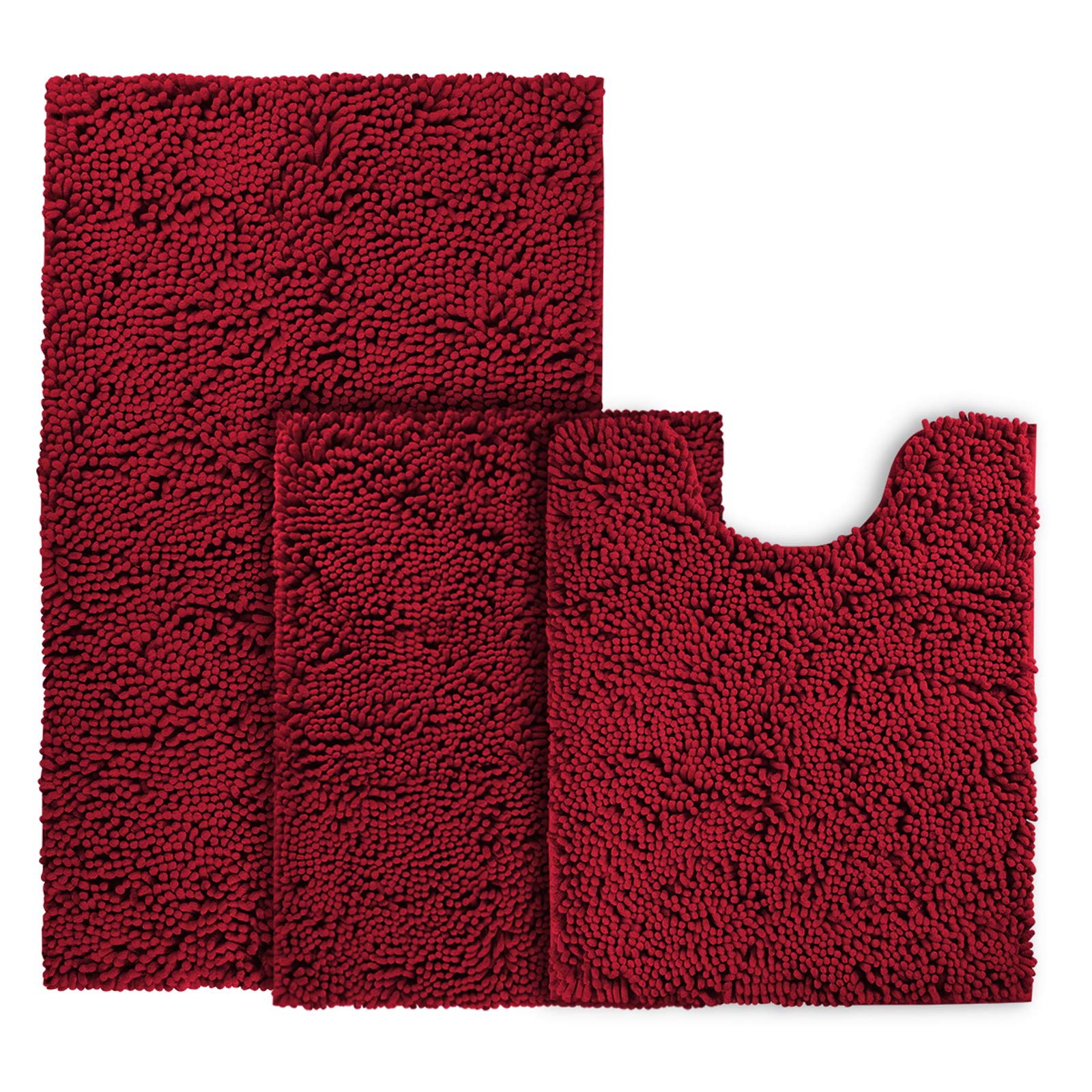 BYSURE Burgundy Bathroom Rugs Sets 3 Piece Non Slip Extra Absorbent Plush Chenille Soft Washable Bath Rugs and Mats Set