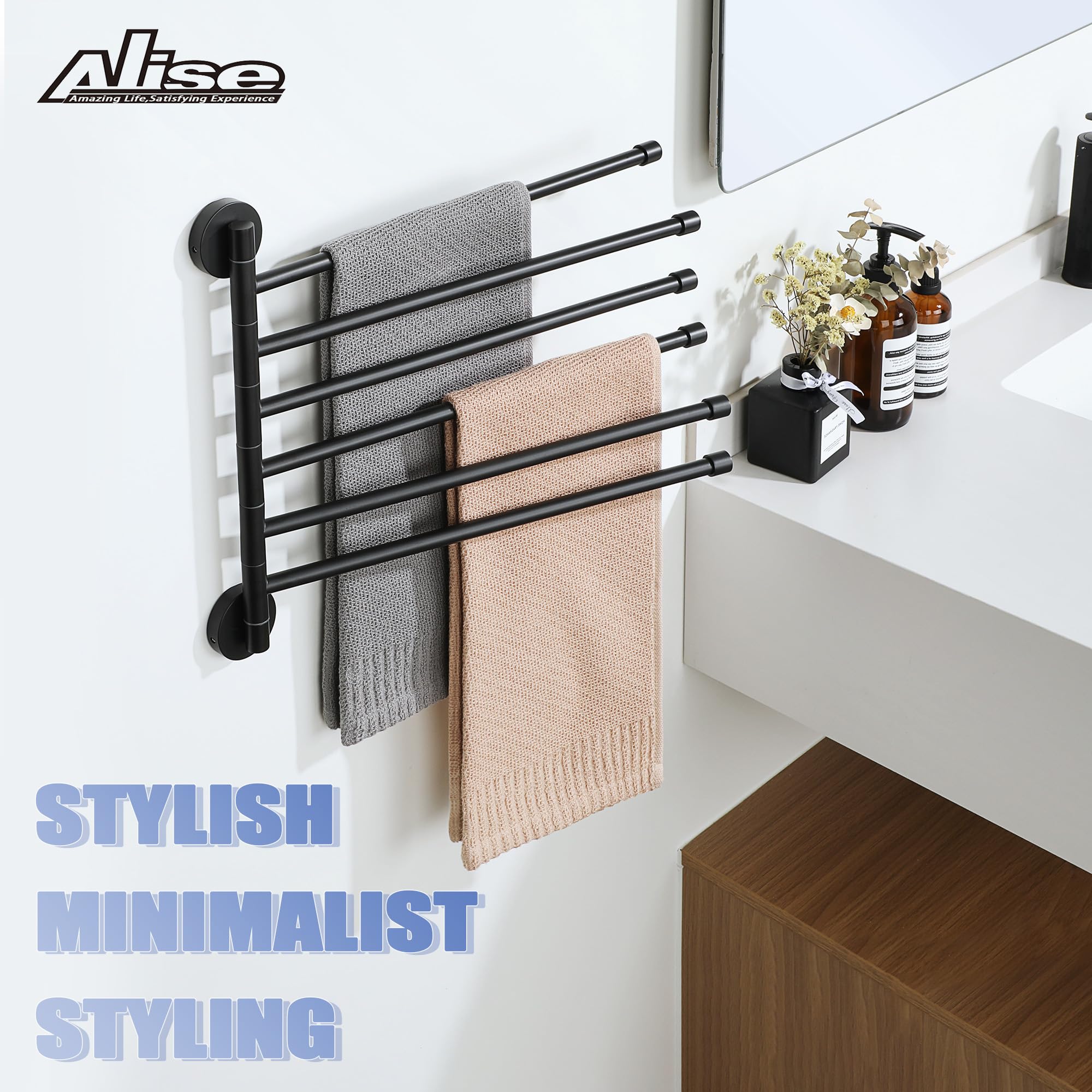 Alise Swivel Towel Rack Folding 6 Arms Hand Towel Bars Towel Hanger for Bathroom Wall Mount Drying Racks for Laundry SUS304 Stainless Steel Swing Out Towel Holder Storage Space Saving Matte Black