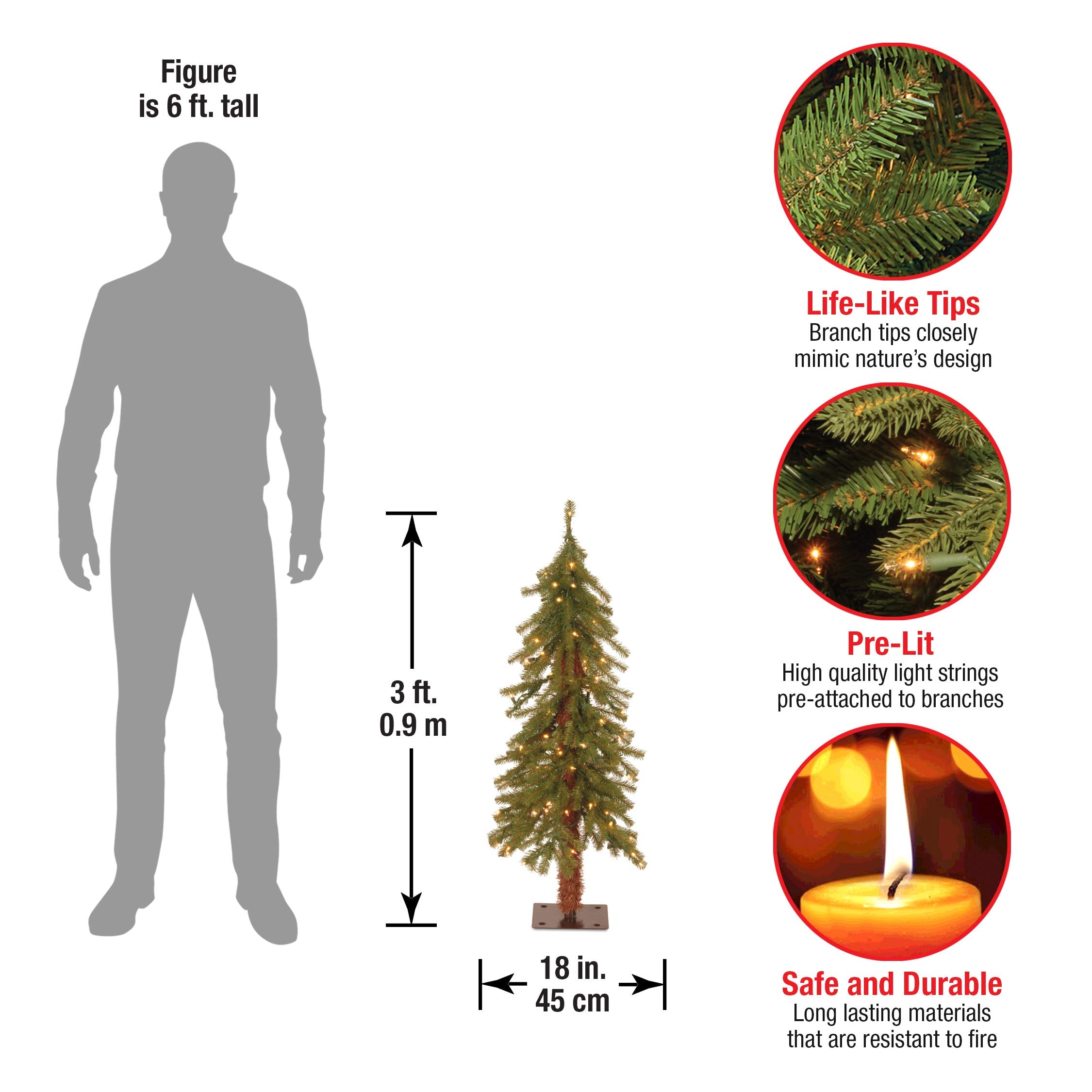 National Tree Company 3 ft Pre-Lit Hickory Cedar Mini Artificial Christmas Tree, 50 Clear Lights, 139 Tips, Metal Plate Base, Gr