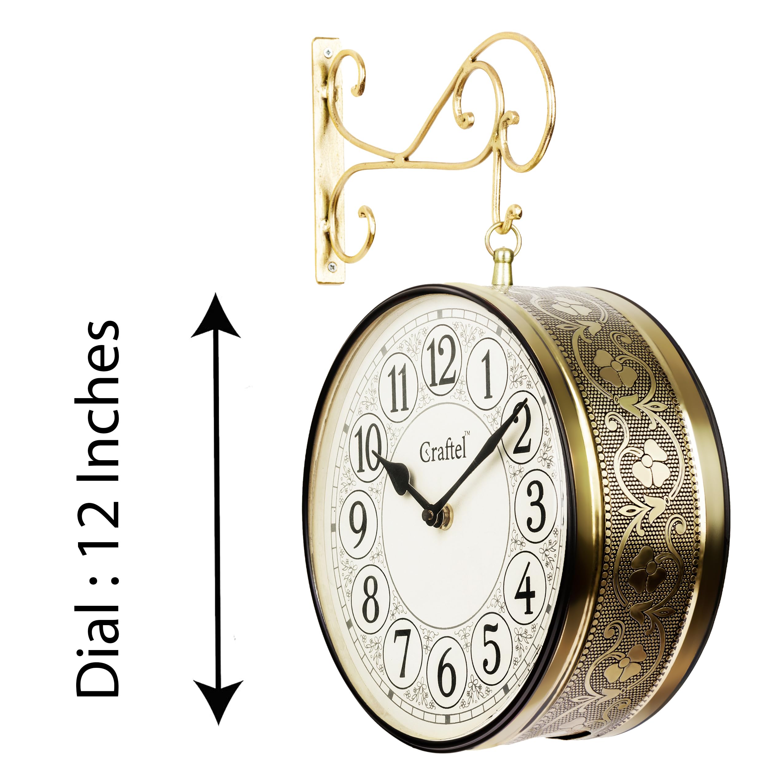 CRAFTEL Metal Analog Double Sided English Number Vintage Station Wall Clock for Living Room Home (Shiny Gold :12 Inches)