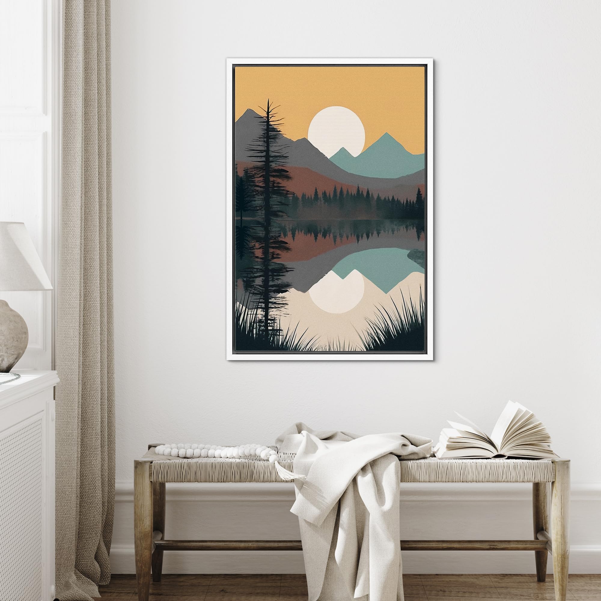 Signford Framed Canvas Print Wall Art Sunset Over Mountain Range Pine Tree Forest Nature Wilderness Illustrations Decorative Boh