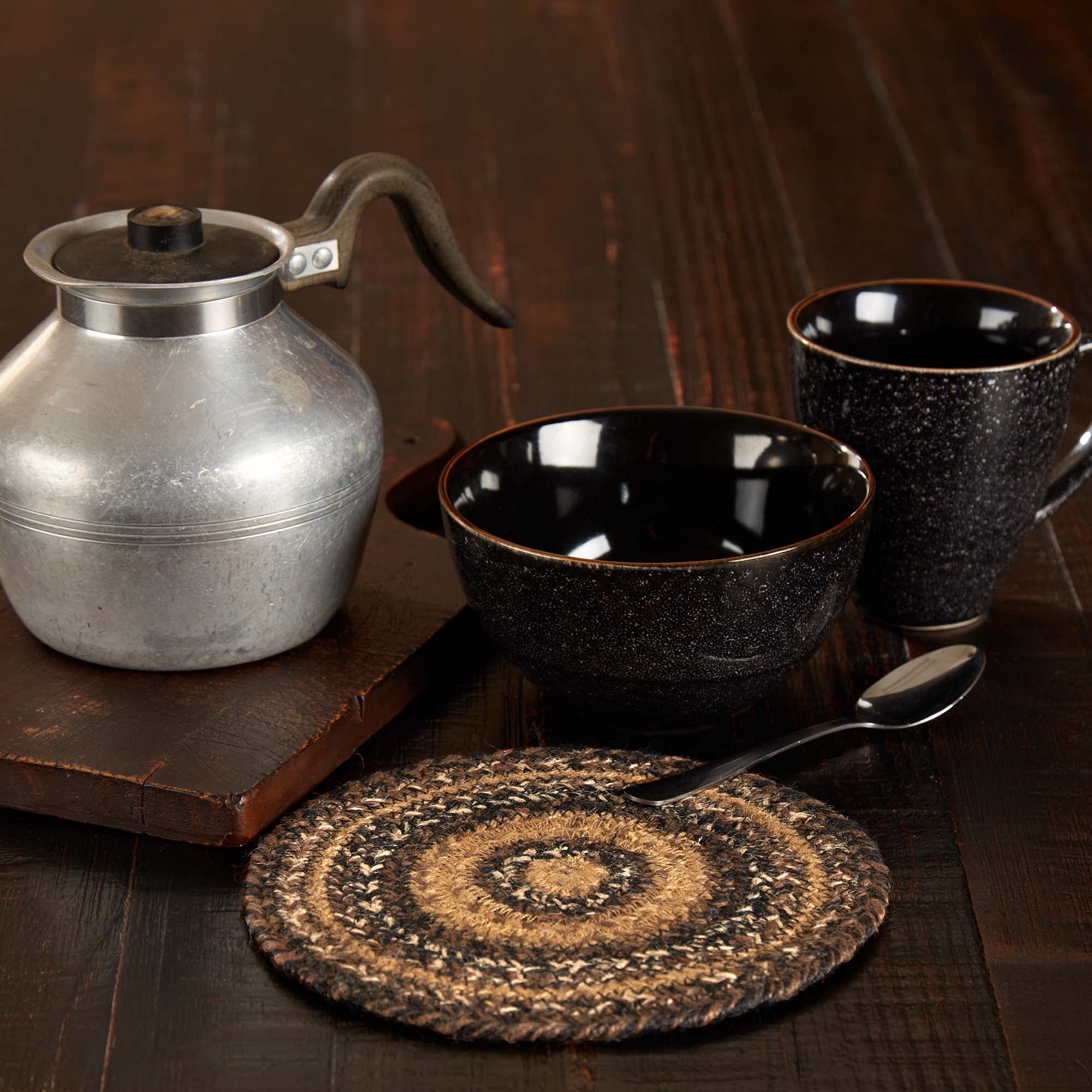 Vhc Brands Espresso Trivet Hot Pad For Pots Pans, Brown Black Tan, Jute Blend, Round Circle, 8 Inches