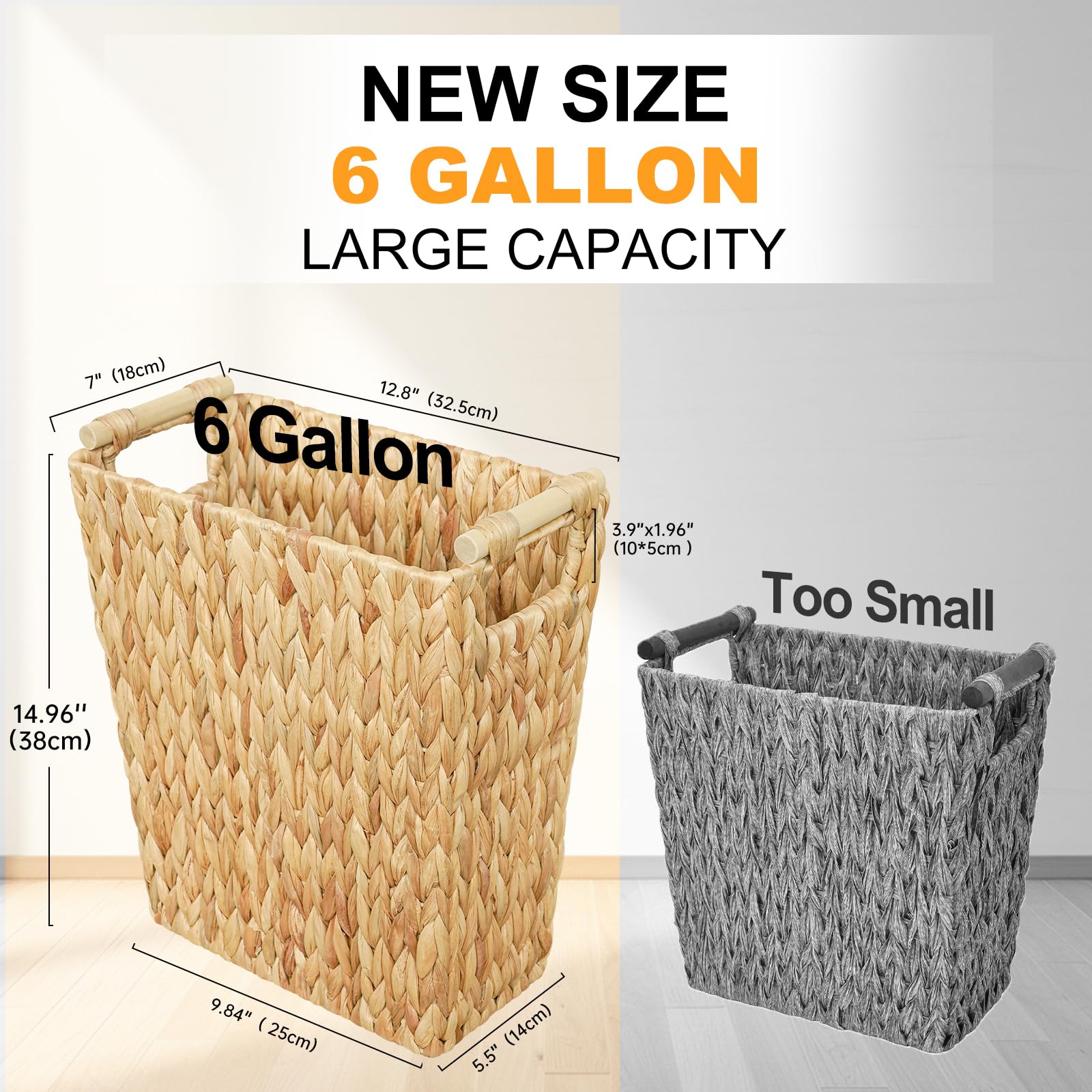 6 Gallon Wicker Trash Can,Wicker Waste Basket For Bathroom,Bedroom,Large Narrow Water Hyacinth Wicker Trash Basket,Rattan Boho D