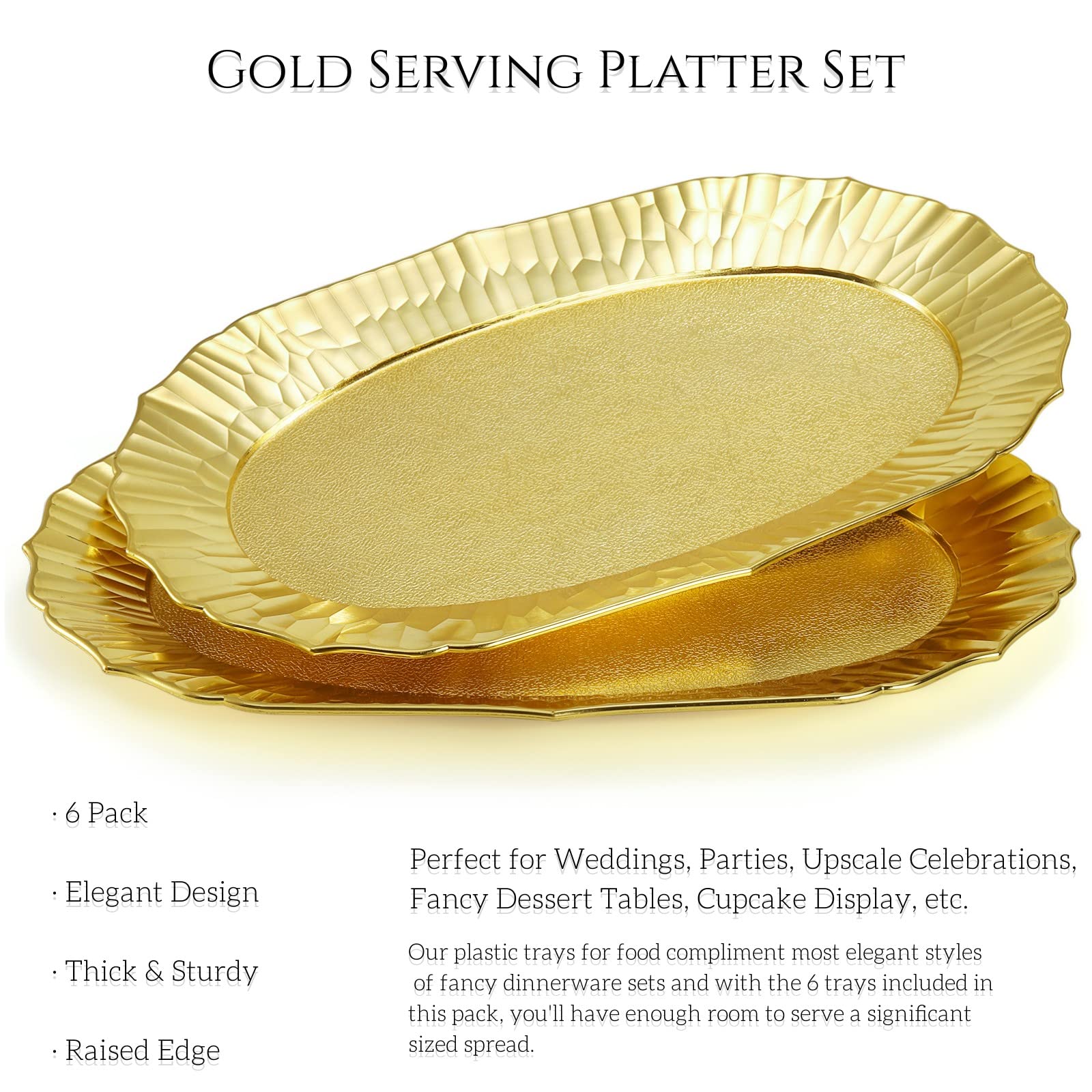 Avla 6 Pack Plastic Serving Tray, Gold Serving Platter Set, Reusable Party Snack Serving Tray, Decorative Food Appetizer Platter
