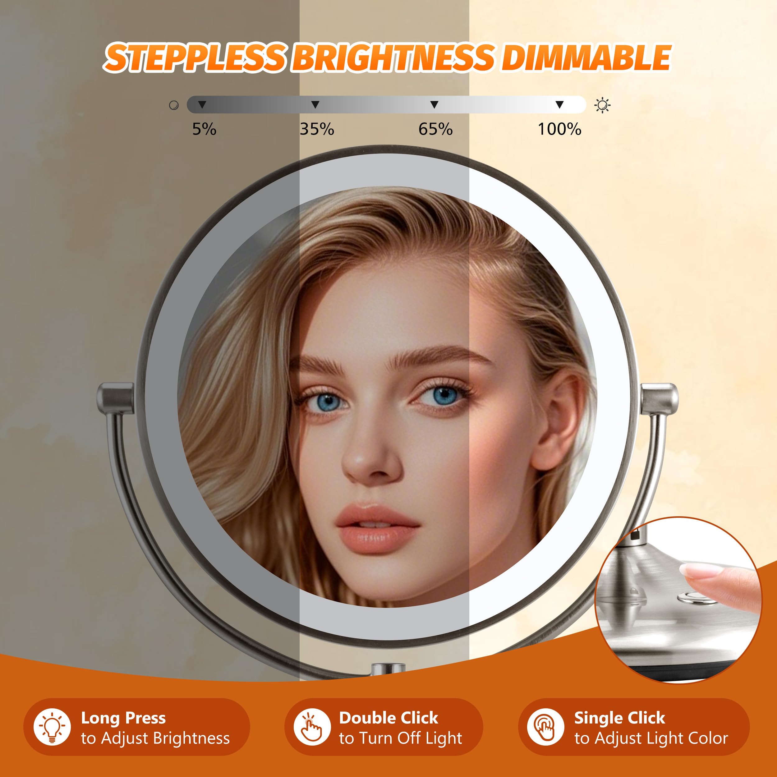 Lighted Makeup Mirror With Magnification: 1X/10X Magnifying Vanity Mirror With 3 Color Dimmable Light, 9'' Large Rechargeable St
