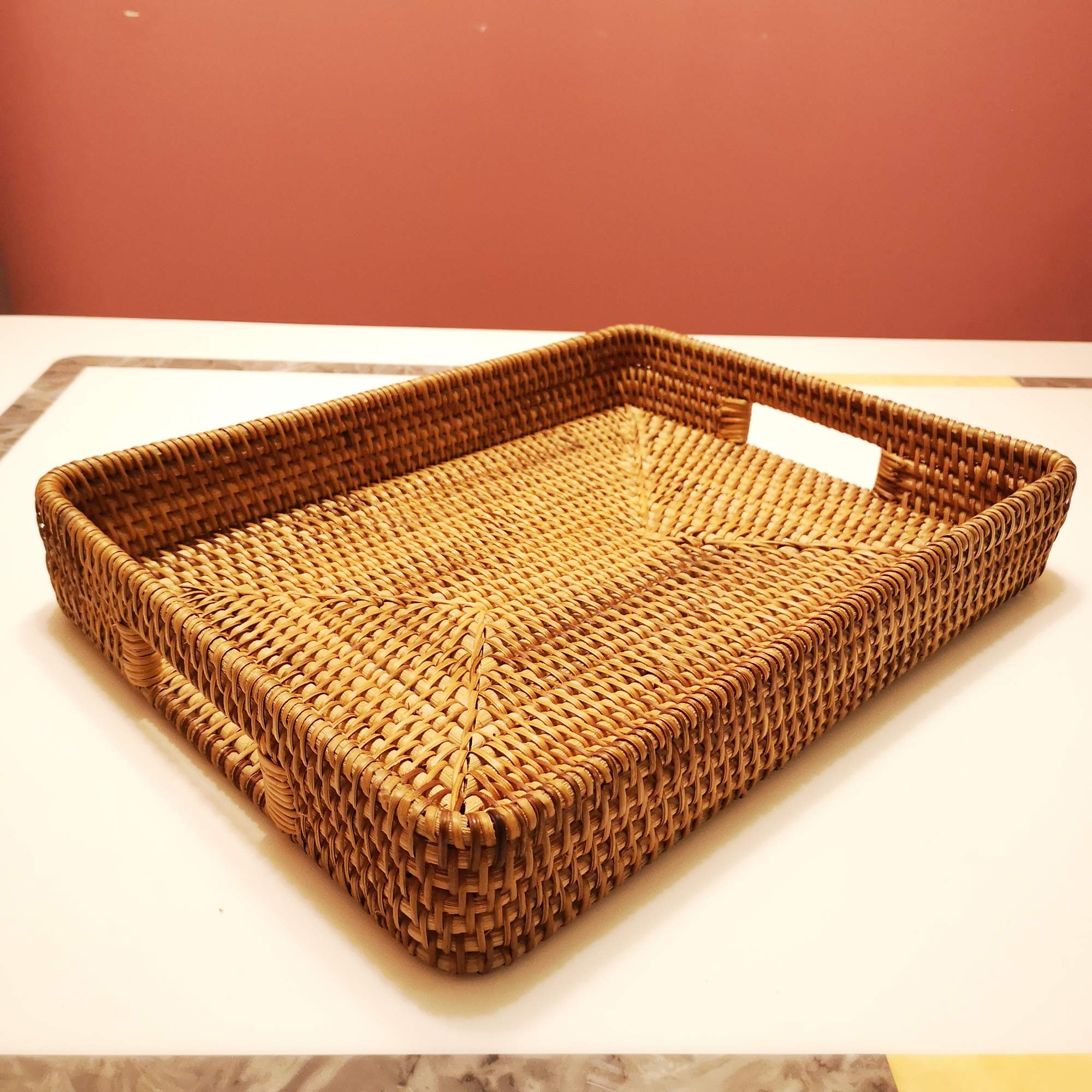 I-Lan 17 Inch Oversize Handmade Rectangular Serving Trays With Cutout Handles And 2.3    Wall,Decorative Rattan Woven Storage Ba