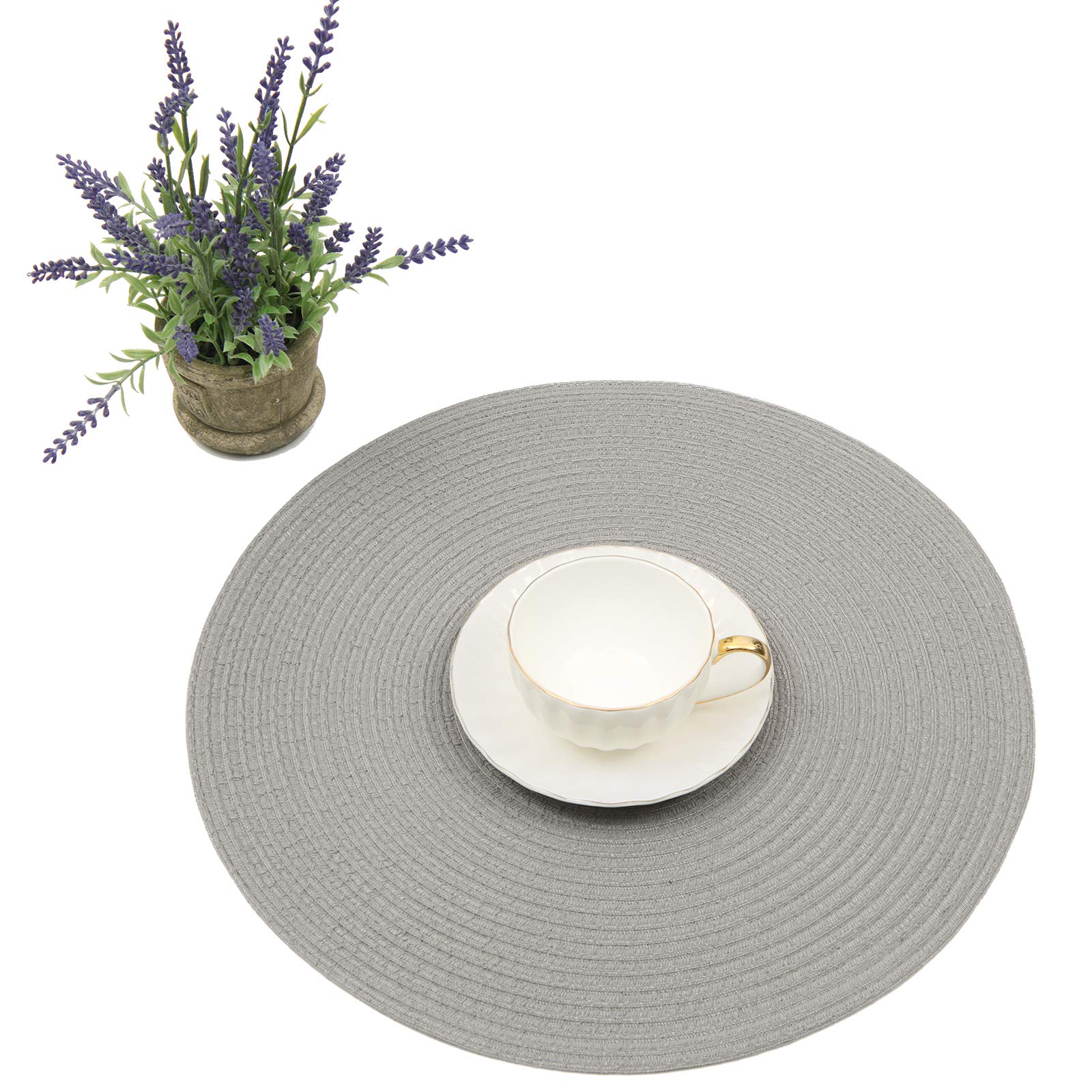 Shacos Round Braided Placemats Set Of 8 Washable Fabric Heat Resistant 15 Inch Grey Round Table Mats For Dining Tables (Gray, 8)