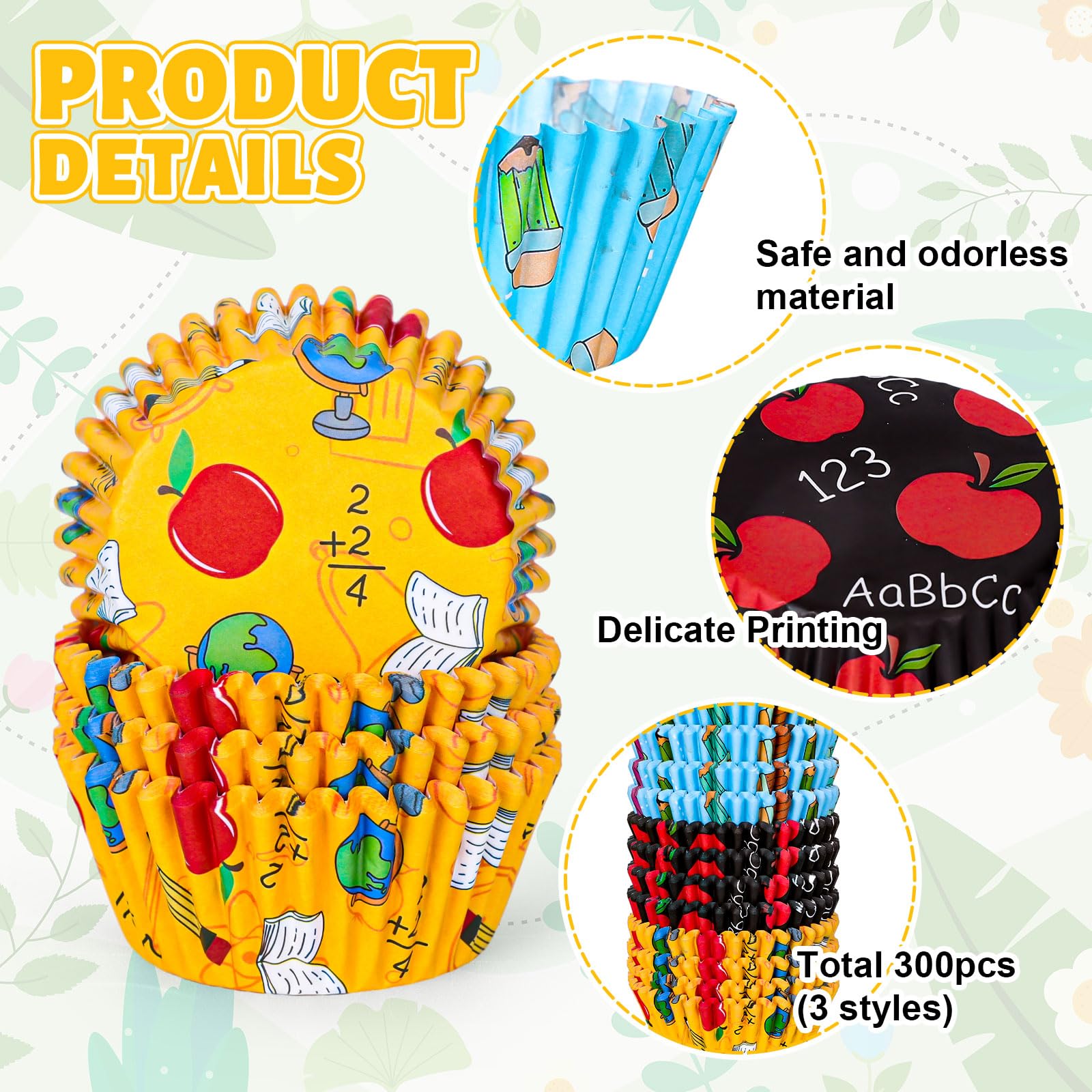 Jarthenaamcs 300Pcs Back To School Cupcake Liners Apples Pencil Baking Cups School Classroom Cupcake Wrappers Holders Muffin Lin