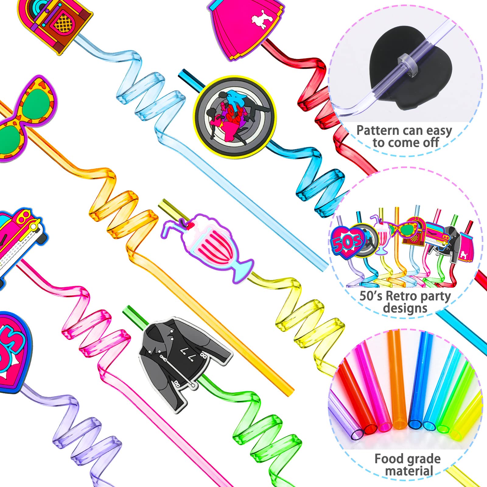 Skyley 24 Pieces 50'S Hip Hop Straws Rock Party Drinking Straws 1950'S Retro Silly Back To Favors For Kids Adults Music Disco Da