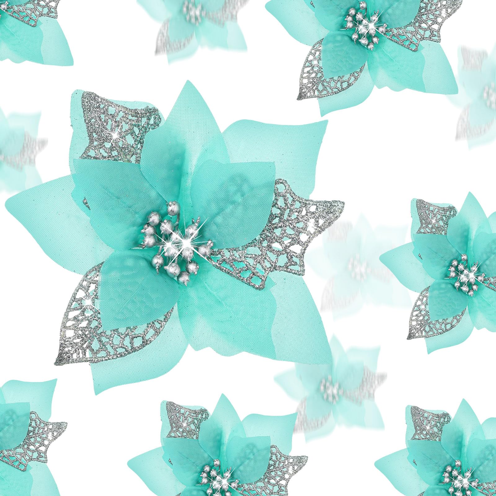Boao 24 Pieces Christmas Artificial Glitter Poinsettia Flowers Xmas Flowers Wedding Christmas Tree New Year Ornaments(Blue Green