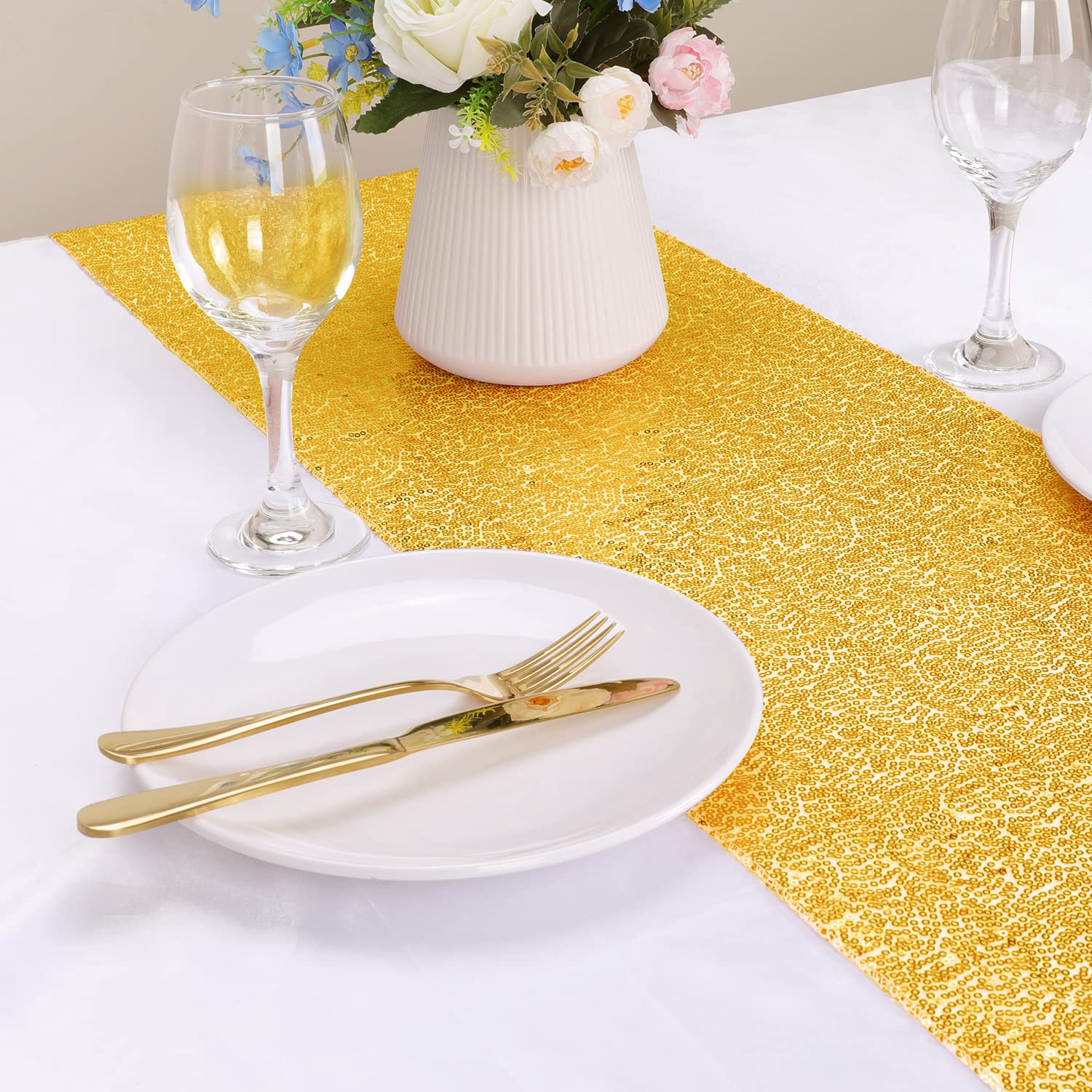 6 Pack Sequin Table Runner Gold, 12 X 108 Inch Glitter Gold Table Runner For Rectangle Table For Birthday, Wedding, Banquet, Hol