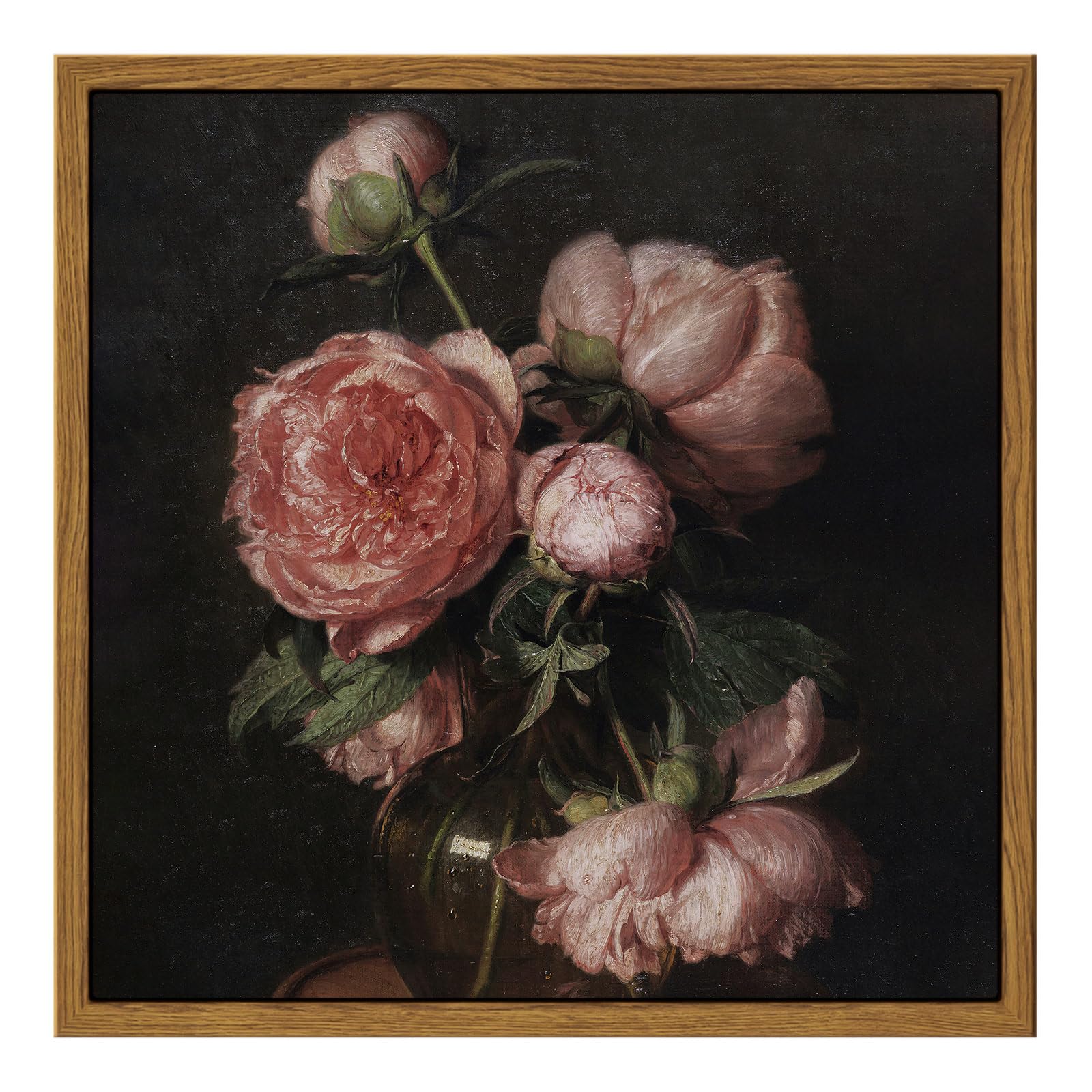 Insimsea Square Framed Canvas Wall Art, Vintage Peony Flower Paintings, Floral Wall Pictures For Bedroom Bathroom Living Room, C