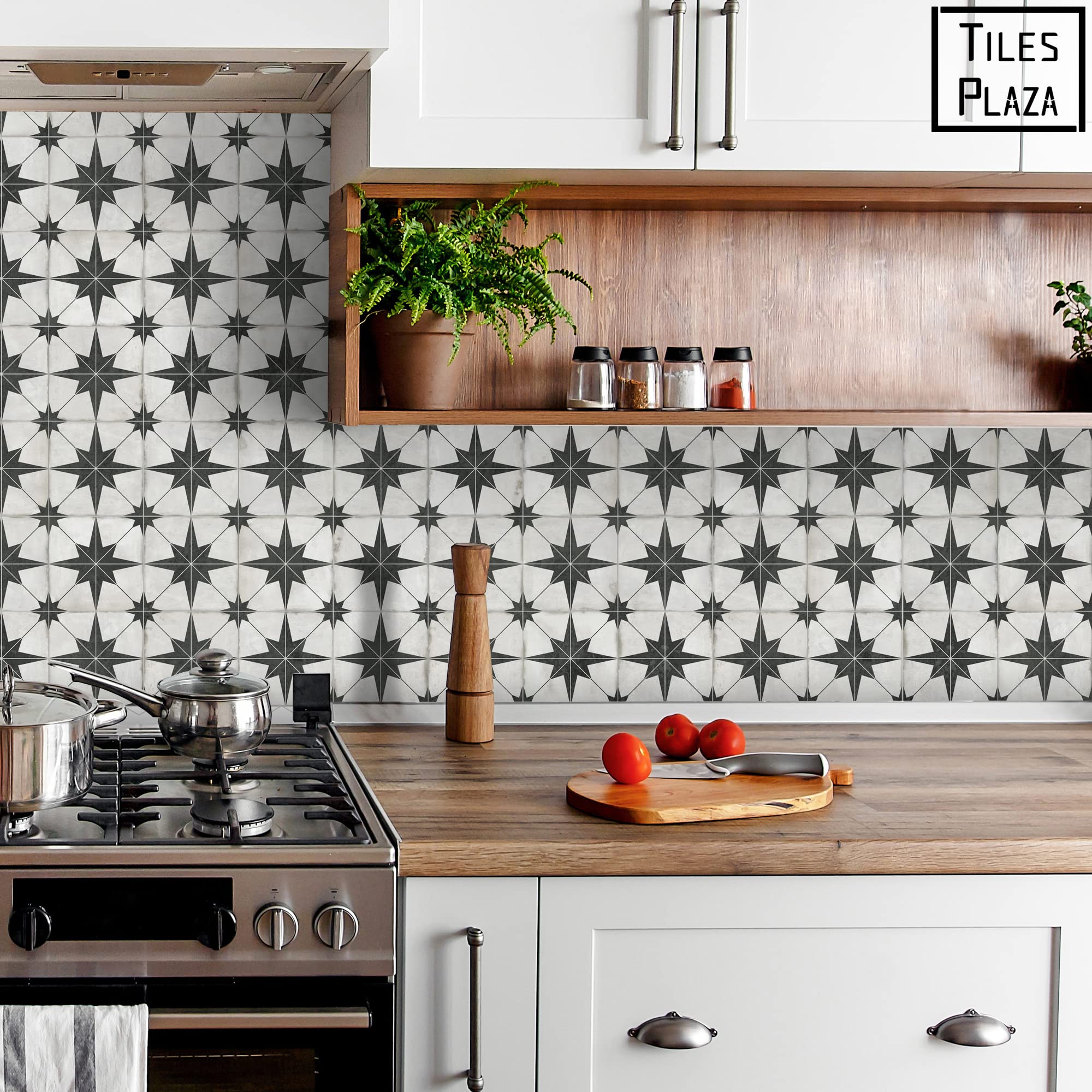 Peel And Stick Encaustic Backsplash Tile. Black Star Patterned Stick On Tile. Self-Adhesive Wall Tile Sticker For Kitchen Bathro