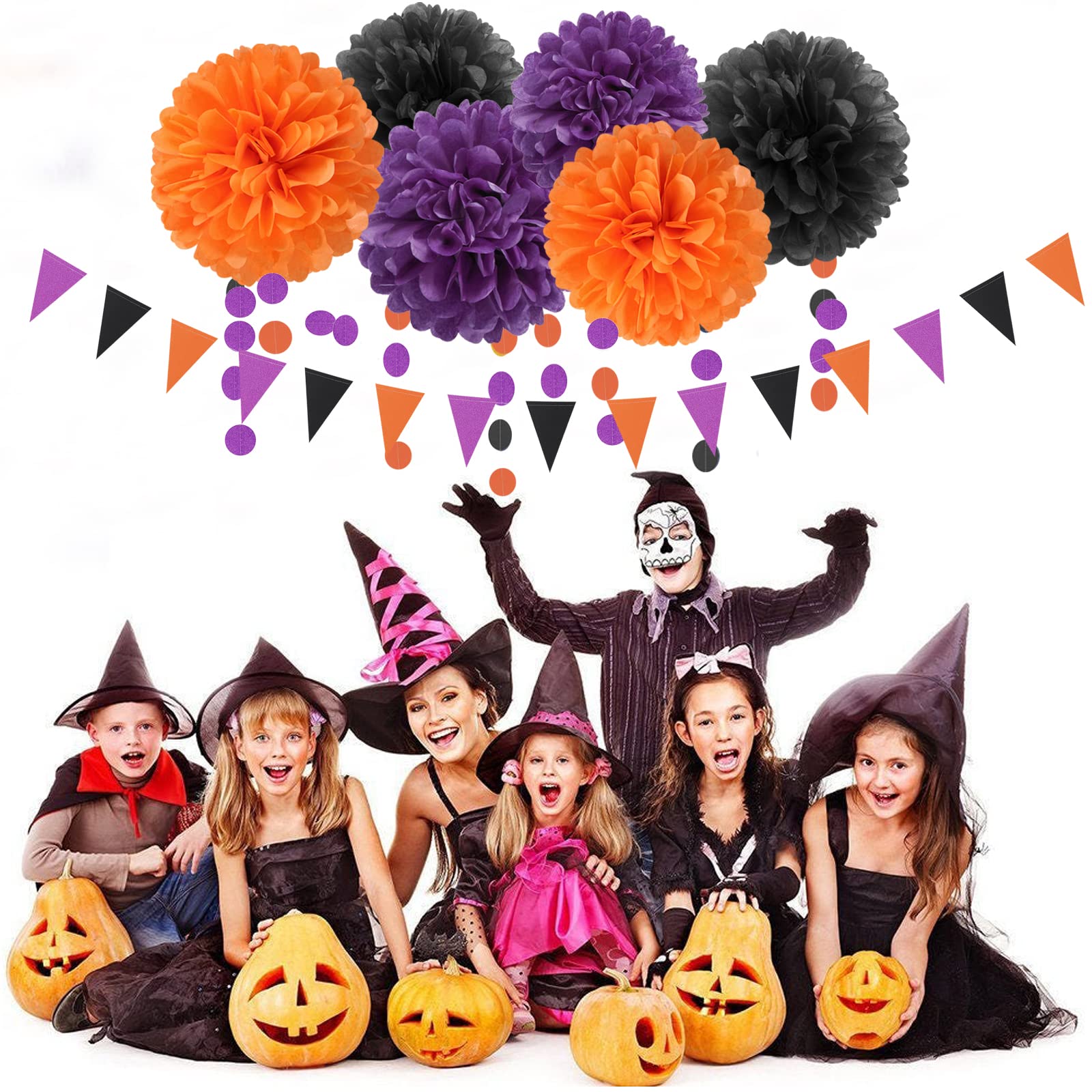 Black Purple Orange Halloween Party-Decorations - 23Pcs Tissue Pom Poms Streamers,Tassel Garland Banner,Graduation 2023 Birthday