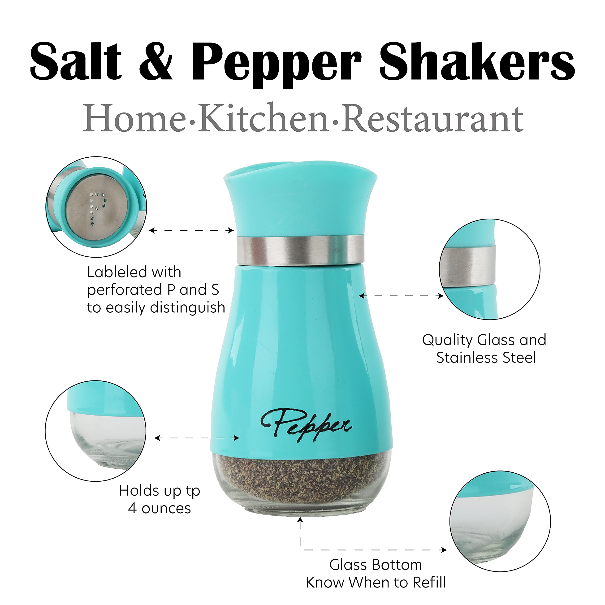 Servette Home Salt & Pepper Shakers - Aqua Glass With Stainless Steel Accents