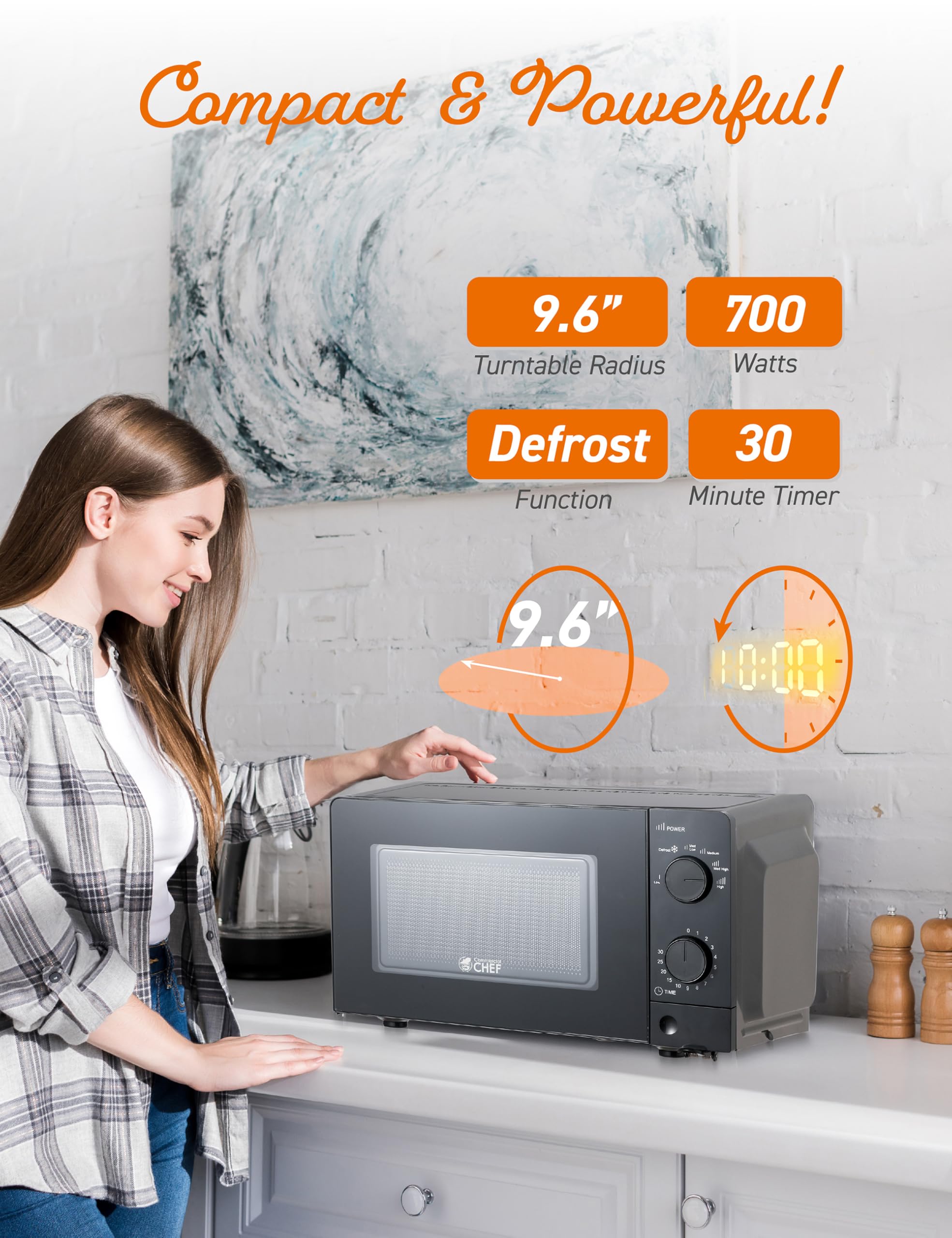 Commercial Chef 0.6 Cu. Ft. Countertop Microwave Oven, Mechanical Dial Controls, 700W, Pull Handle Door, 6 Power Levels, CHM660B