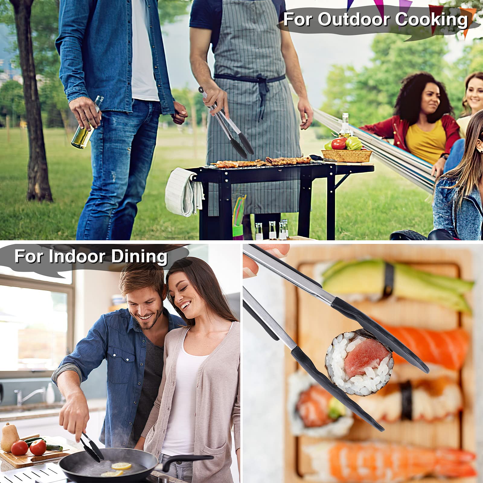 Kitchen Tongs Set of 3  Black Cooking Tongs with Silicone Tips  Stainless Steel Serving Tongs  Non-Stick Non-Scratch Heat Resistant Tongs for Grilling Cooking BBQ Buffet Salad (Black  7/9/12 Inch)