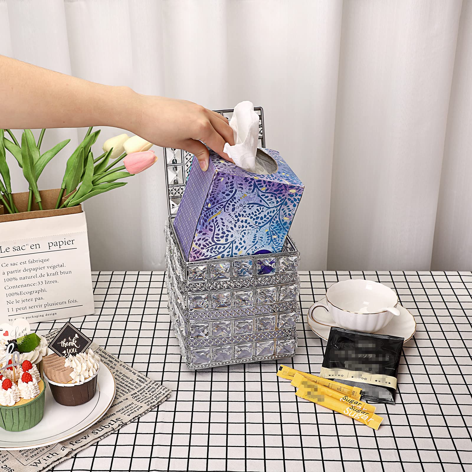 Sumnacon Crystal Square Tissue Box Cover - Sparkling Cube Glass Tissue Box Holder, Decorative Facial Tissue Holder For Bedroom B