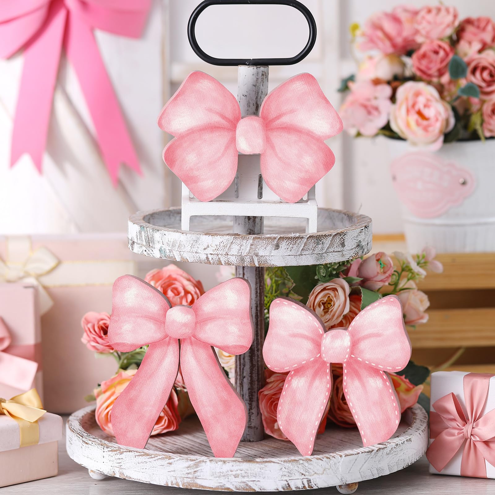Lineshading 3 Pcs Pink Bow Coquette Room Decor Wooden Sign Preppy Room Coquette Party Decor Girly Pink Bows Tiered Tray for Home