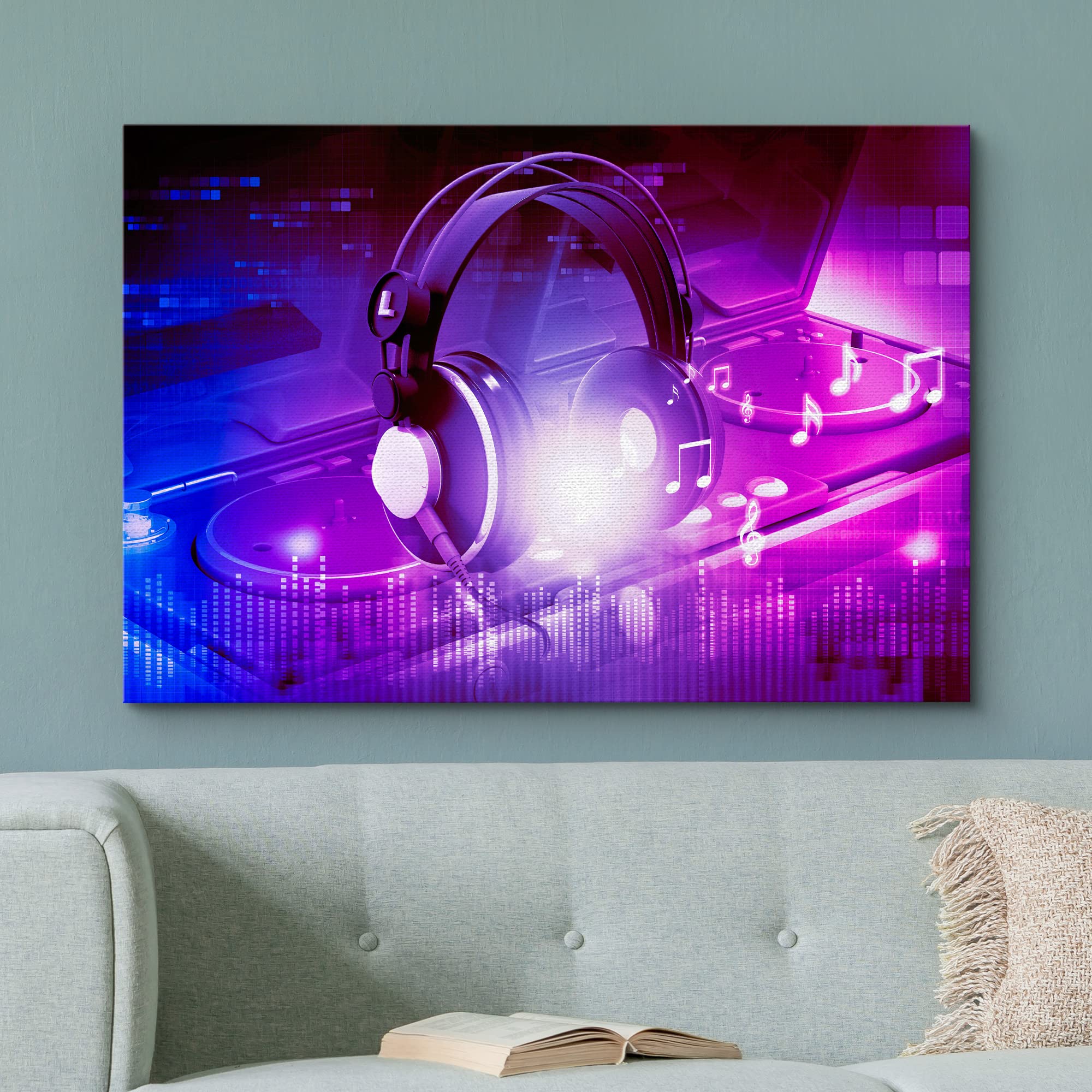 Wall26 Canvas Print Wall Art Neon Light Dj Turntable Headphones Music Instruments Photography Realism Decorative Concert Multico
