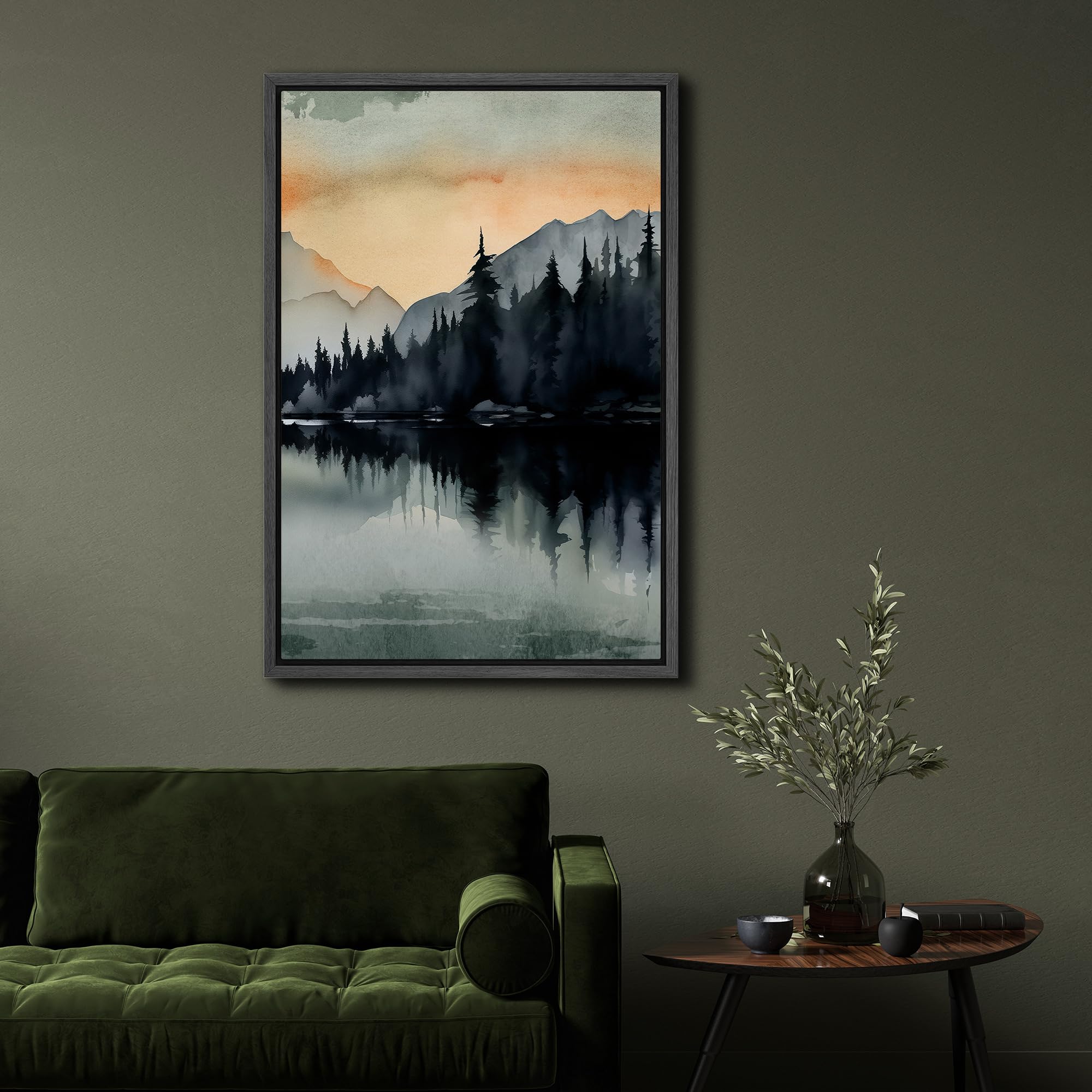 Signford Framed Canvas Print Wall Art Waters And Forest Silhouette Nature Wilderness Illustrations Modern Art Decorative Rustic