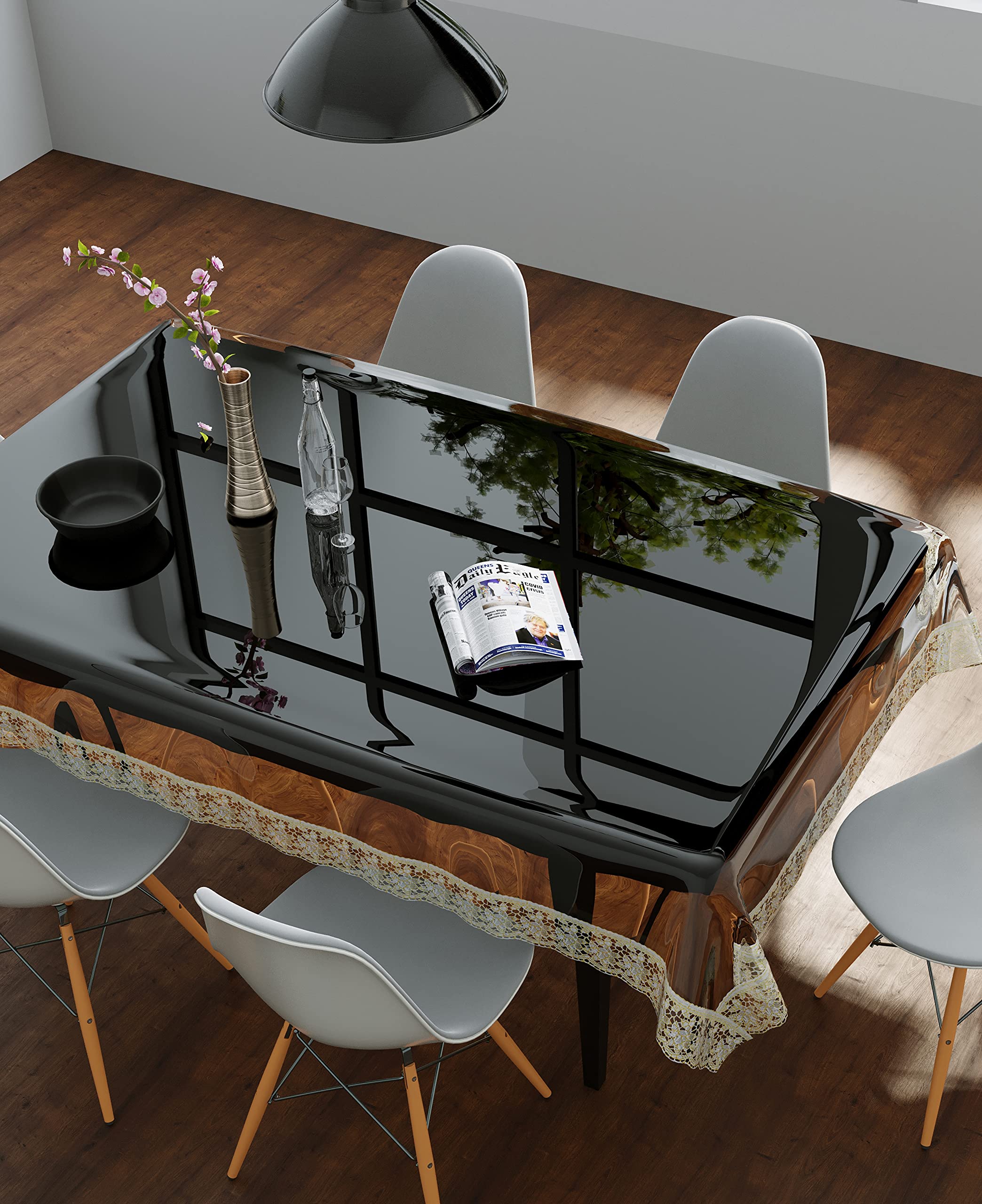 Clasiko 6 Seater Dining Table Cover Transparent With Golden Lace; Size 60X90 Inches; 30Mm