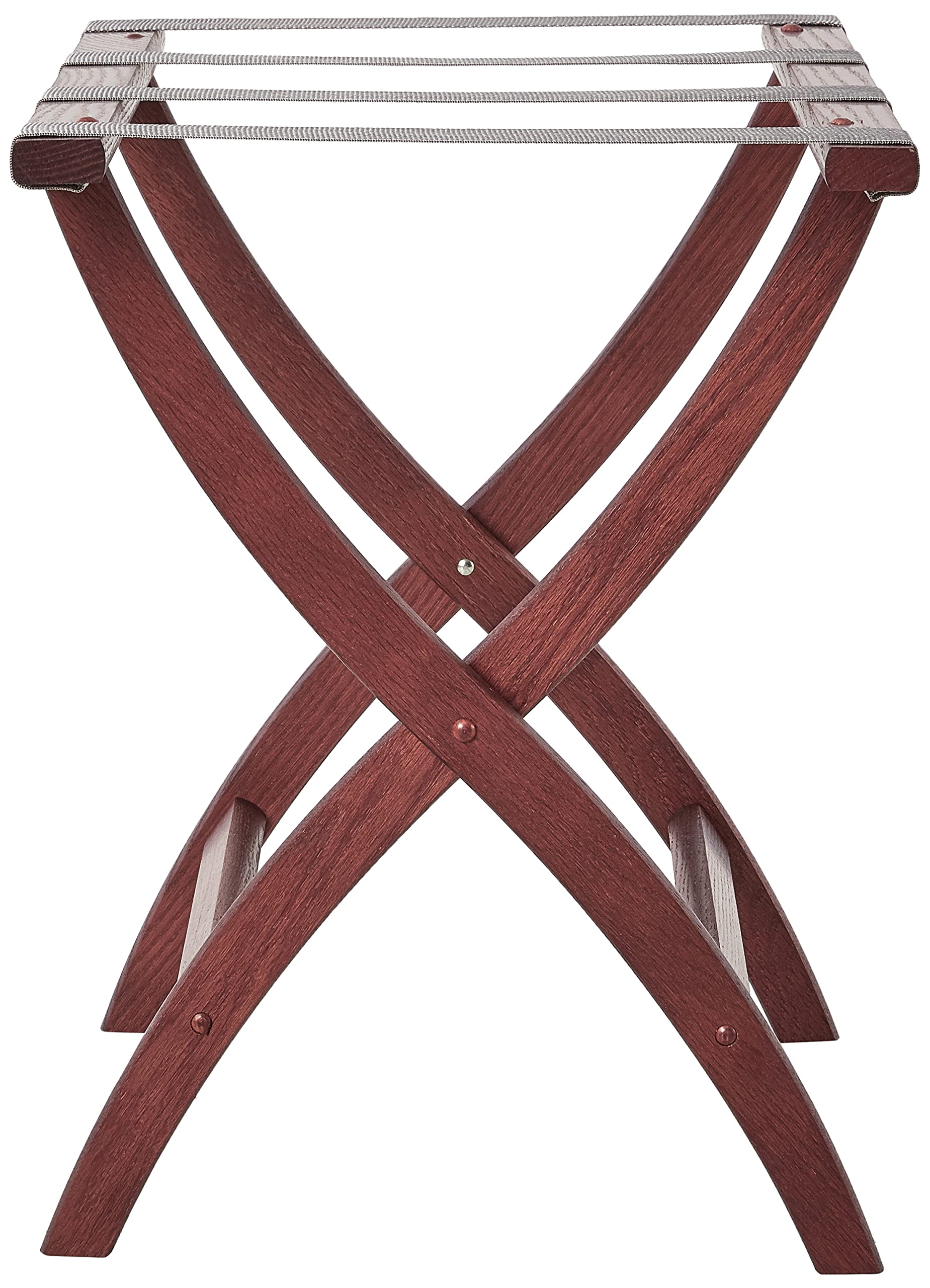 Wooden Mallet Designer Curve Leg Luggage Rack  Grey Straps  Mahogany