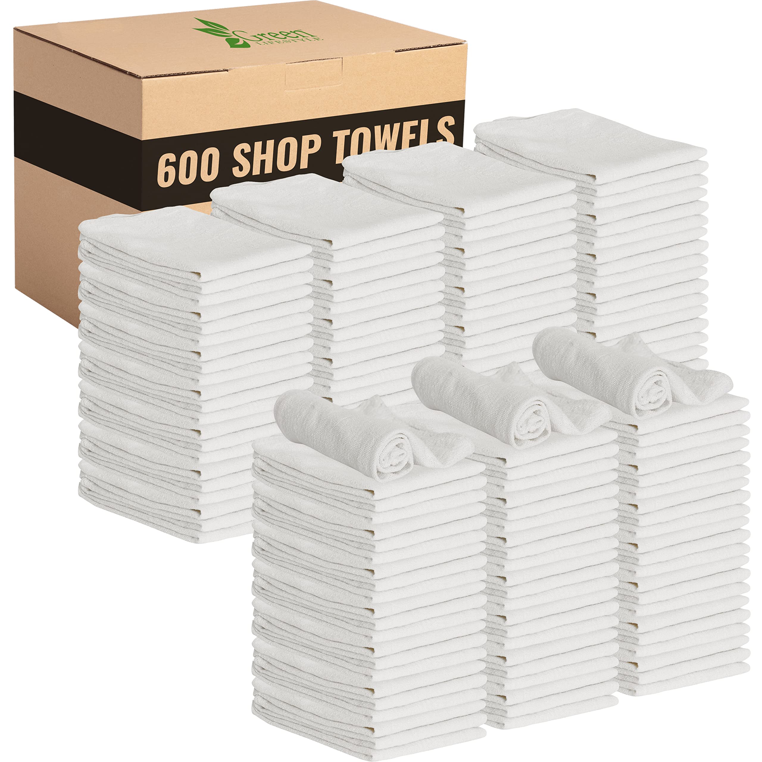 Green Lifestyle White Shop Towels 12X14, 600 Pack, 100% Cotton Super Absorbent & Durable Shop Rags, Reusable Shop Rags Bulk, Mul