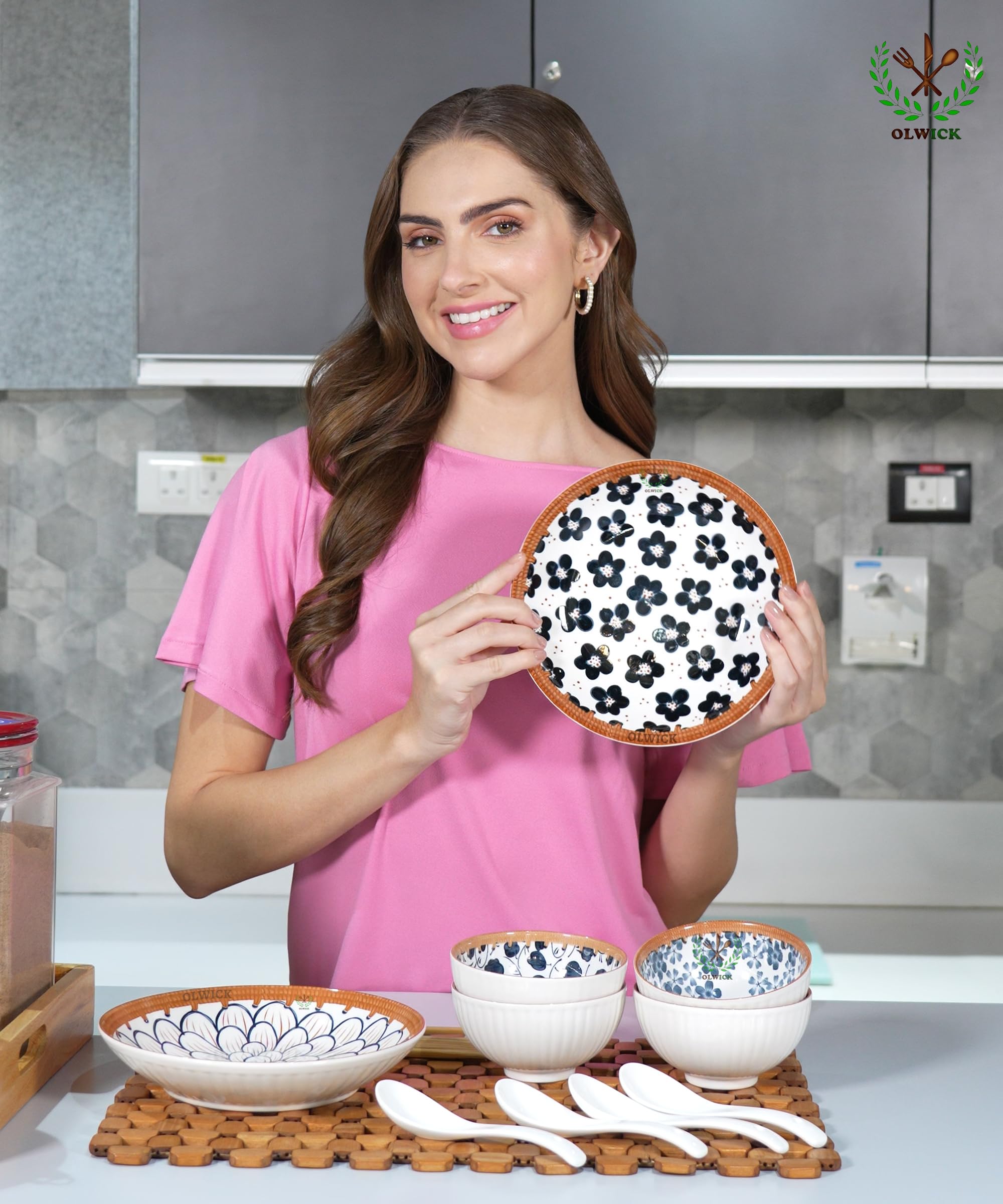 OLWICK 14 Piece Ceramic Bowls and Plates Set for Cereal, Soup, Pasta, Oatmeal, Salad and Rice with Beautiful Gift Box Packed (4B