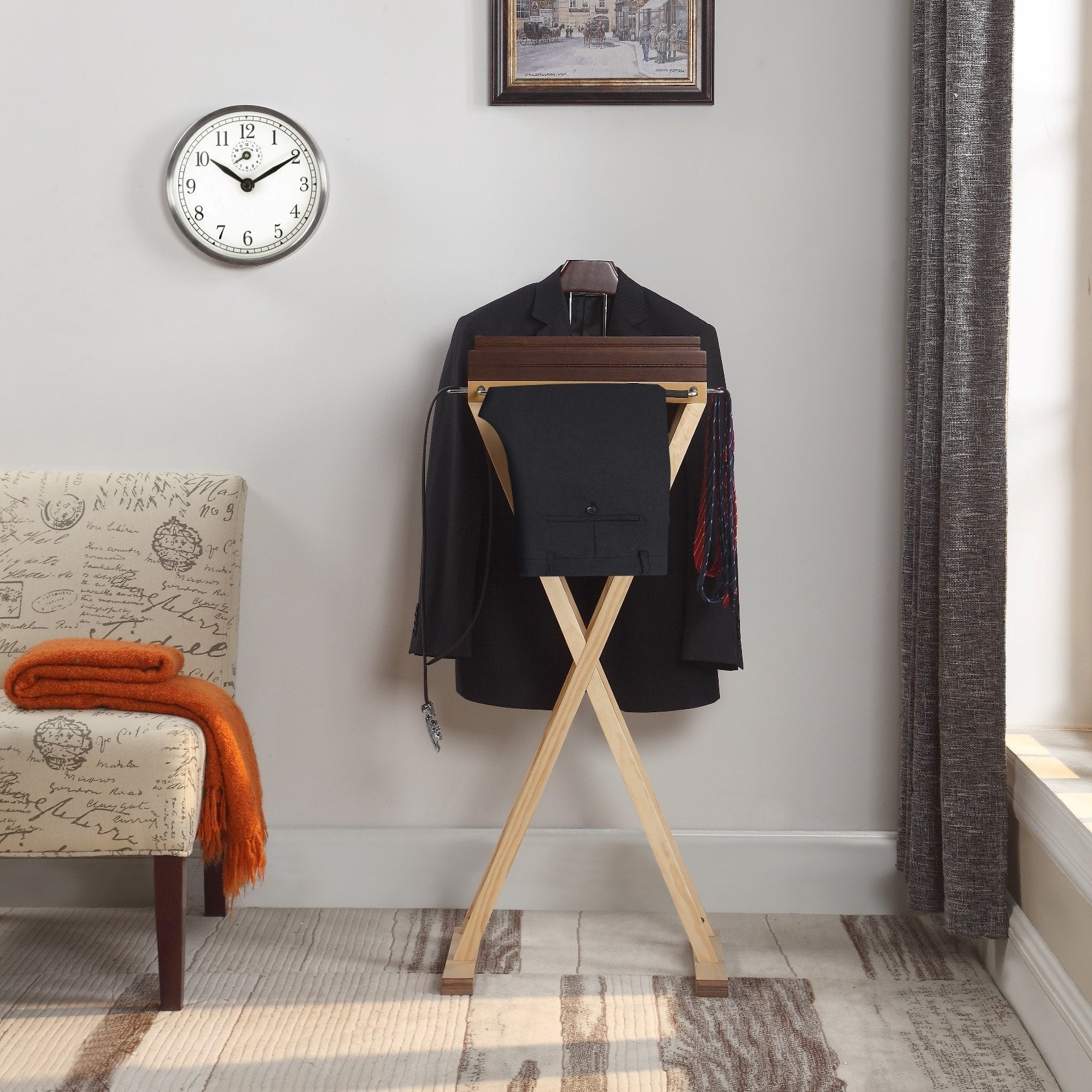 Laguna Valet medium walnut for tray and hanger  natural color for body  chrome hardware