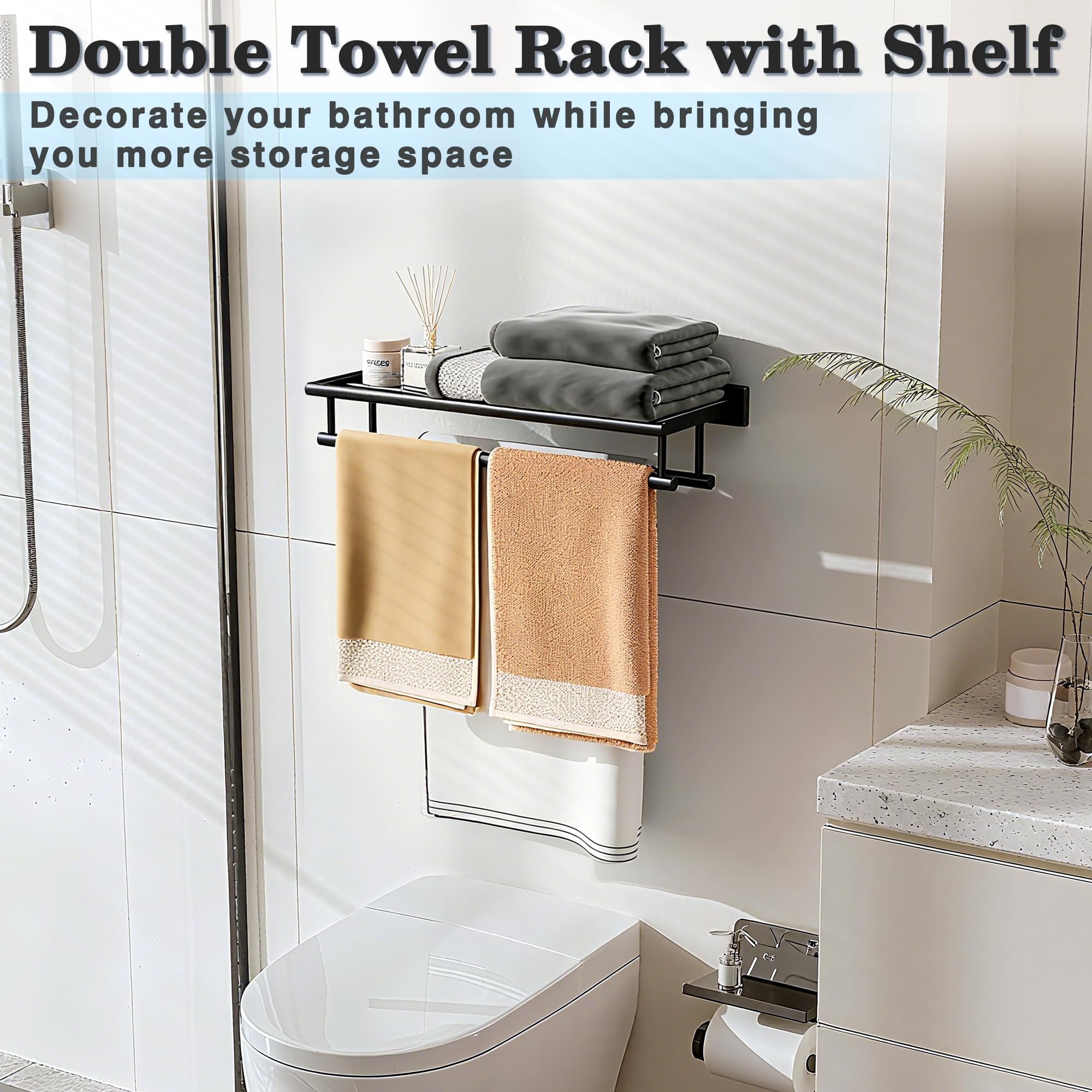 Alise Towel Rack for Bathroom and Lavatory Wall Mount Tower Holder Towel Hanger with Double Towel Bars SUS 304 Stainless Steel Tower Shelf GZ8000-B(Matte Black 24-Inch)