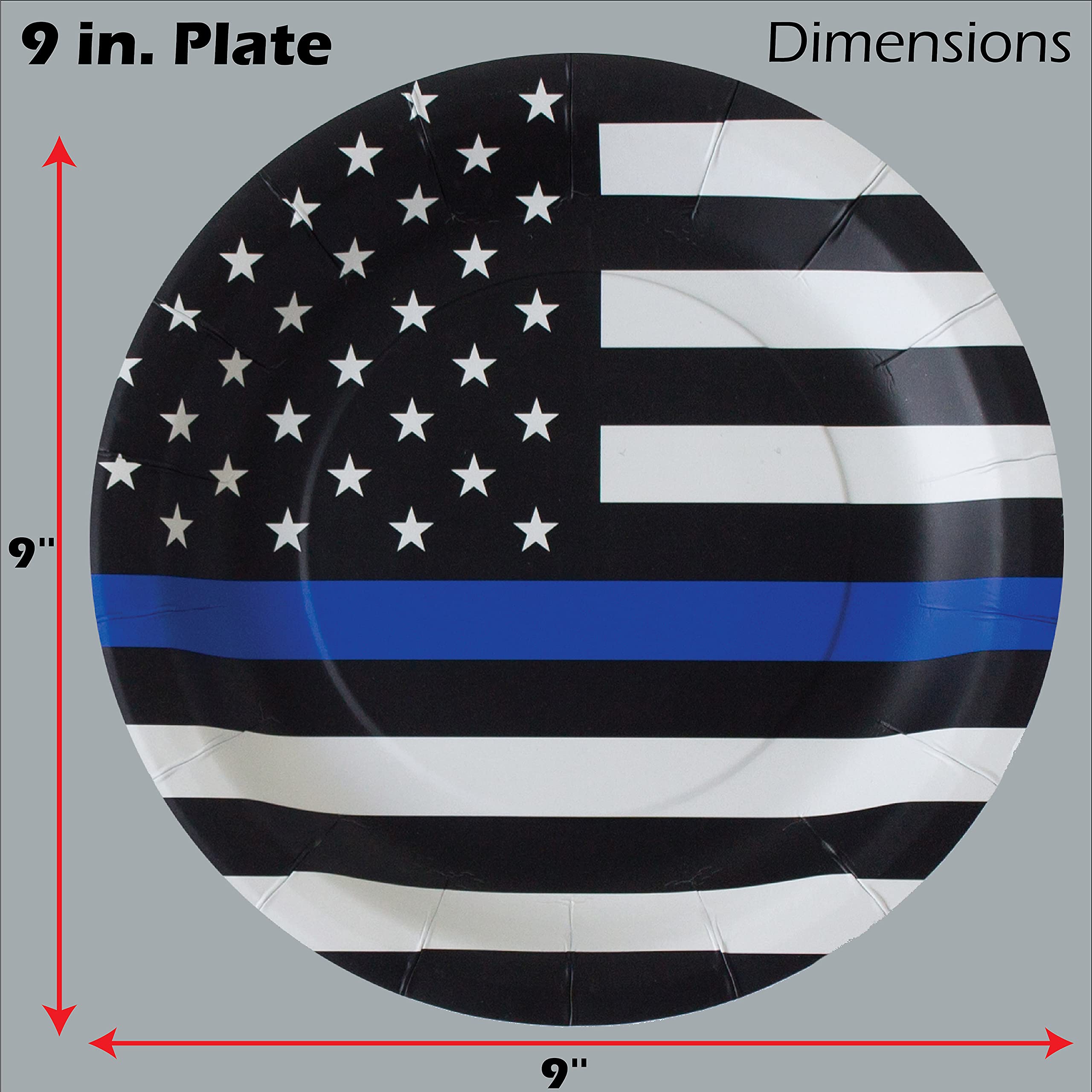 Havercamp Police-Thin Blue Line 9    Plates (48 Pack)! 48 Lg. Round Dinner Plates In The Official Thin Blue Line Flag Pattern.