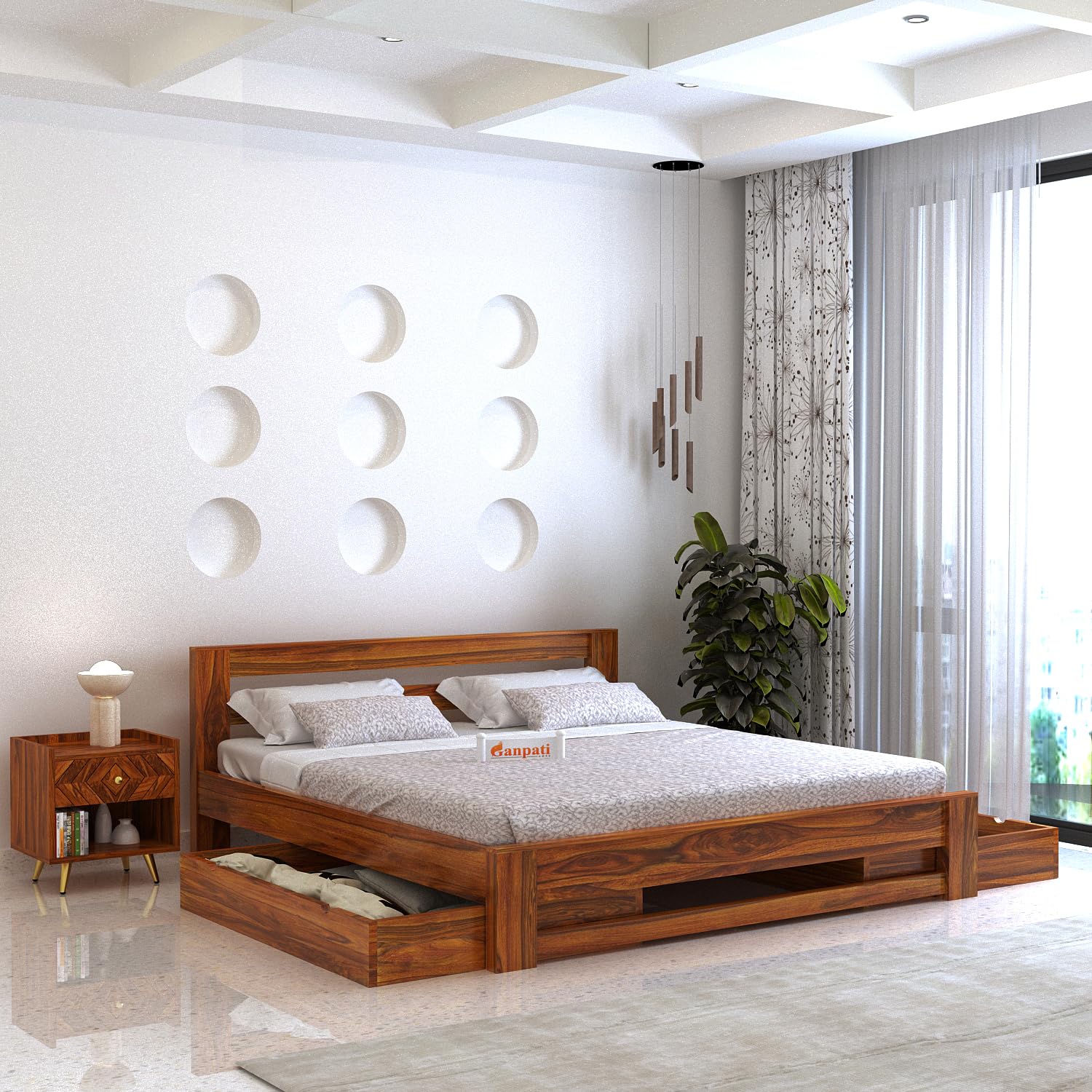Ganpati Arts Sheesham Wood Foster King Size Bed With Drawer Storage For Bedroom | Wooden Double Bed Cot Palang Furniture For Liv