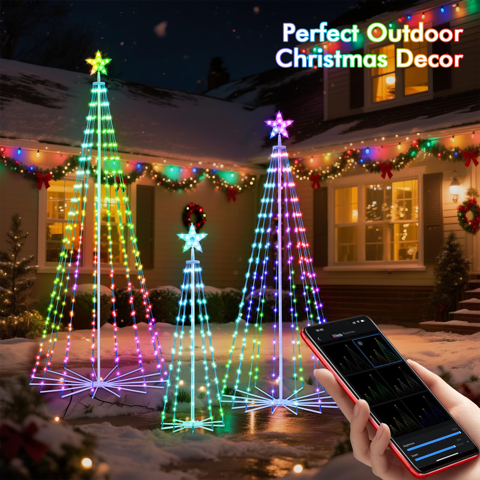 HOLILLUMA Outdoor Christmas Tree, 3-Pack RGB Color Changing Pre-Lit Smart Cone Christmas Tree with LED Lights, App & Remote Cont