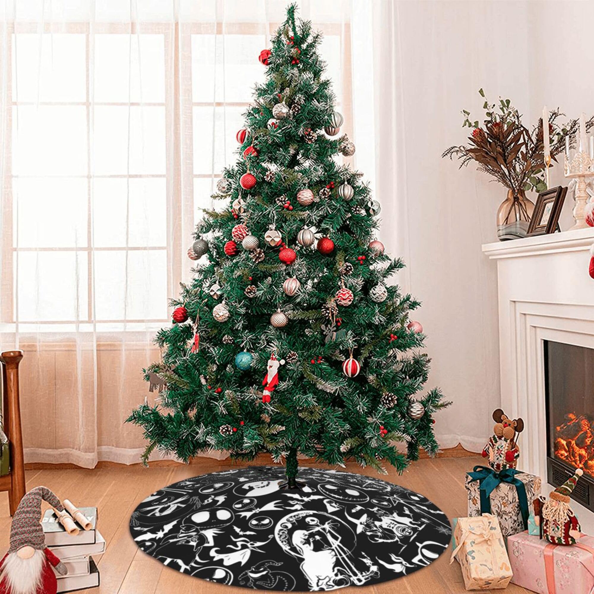 Happy Halloween Tree Skirt 48 in, Skull Christmas Tree Ornaments, Bat Spider Horror Party Decoration,Black