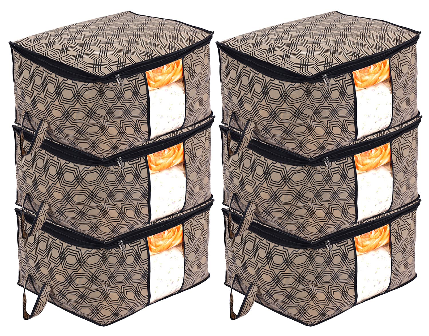 Kuber Industries NonWoven Honeycomb Design Underbed|Blanket Cover With Transparent Window, Zippered & Handle, Pack Of 6 (Cream)