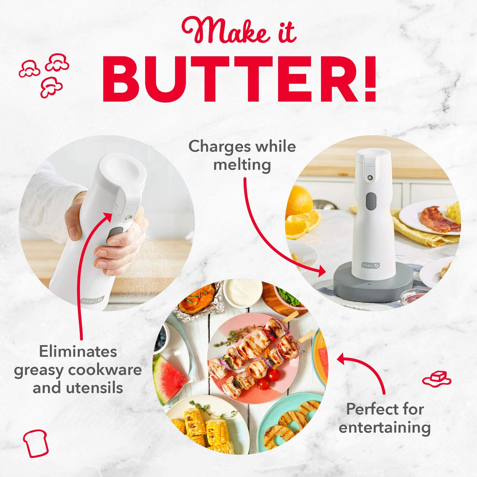 Dash Electric Butter Sprayer, Cordless Butter Sprayer For Popcorn, Toast, Entrees And More - White