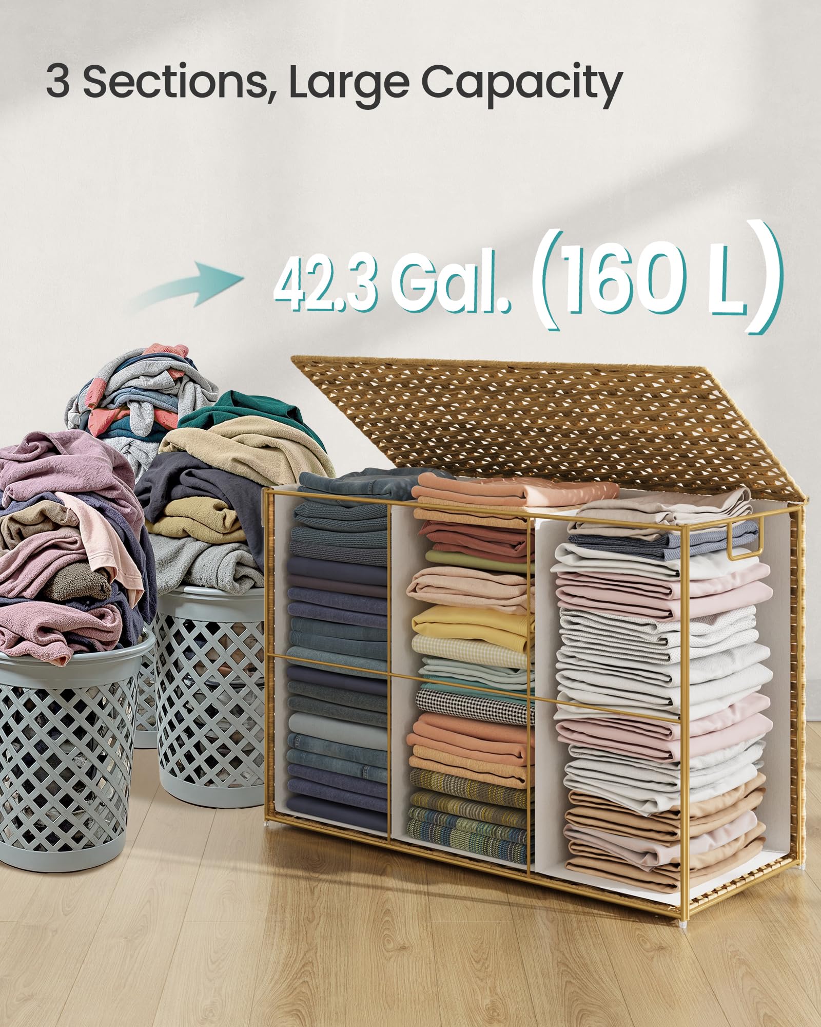 Songmics Laundry Hamper With Lid, 160 L Clothes Hamper With 2 Removable Liner Bags, 6 Mesh Bags, Wicker Laundry Basket, Double L