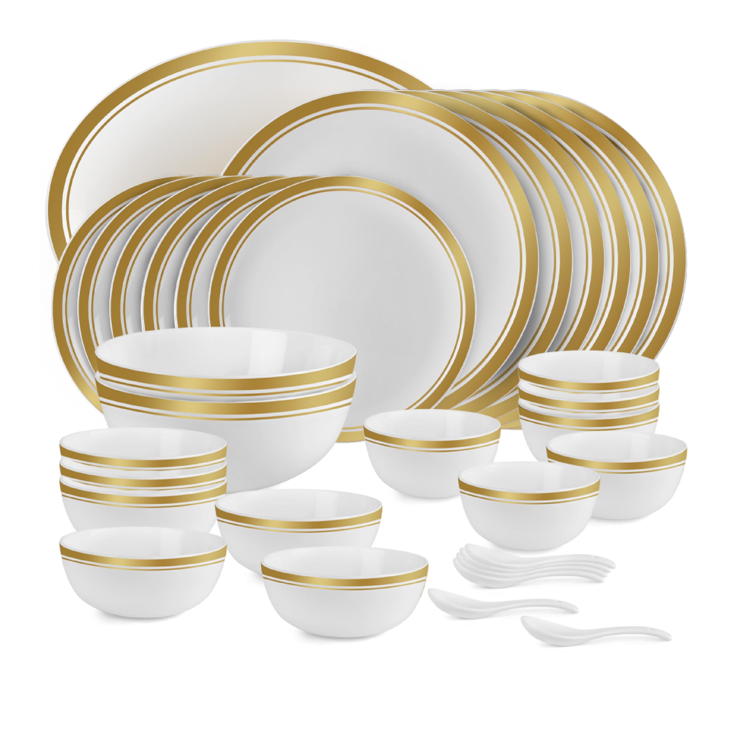 Cello Opalware Divine Gold Lines Dinner Set, 33 Units | Microwave & Dishwasher Safe | LightWeight & Thermal Resistant | Crocker